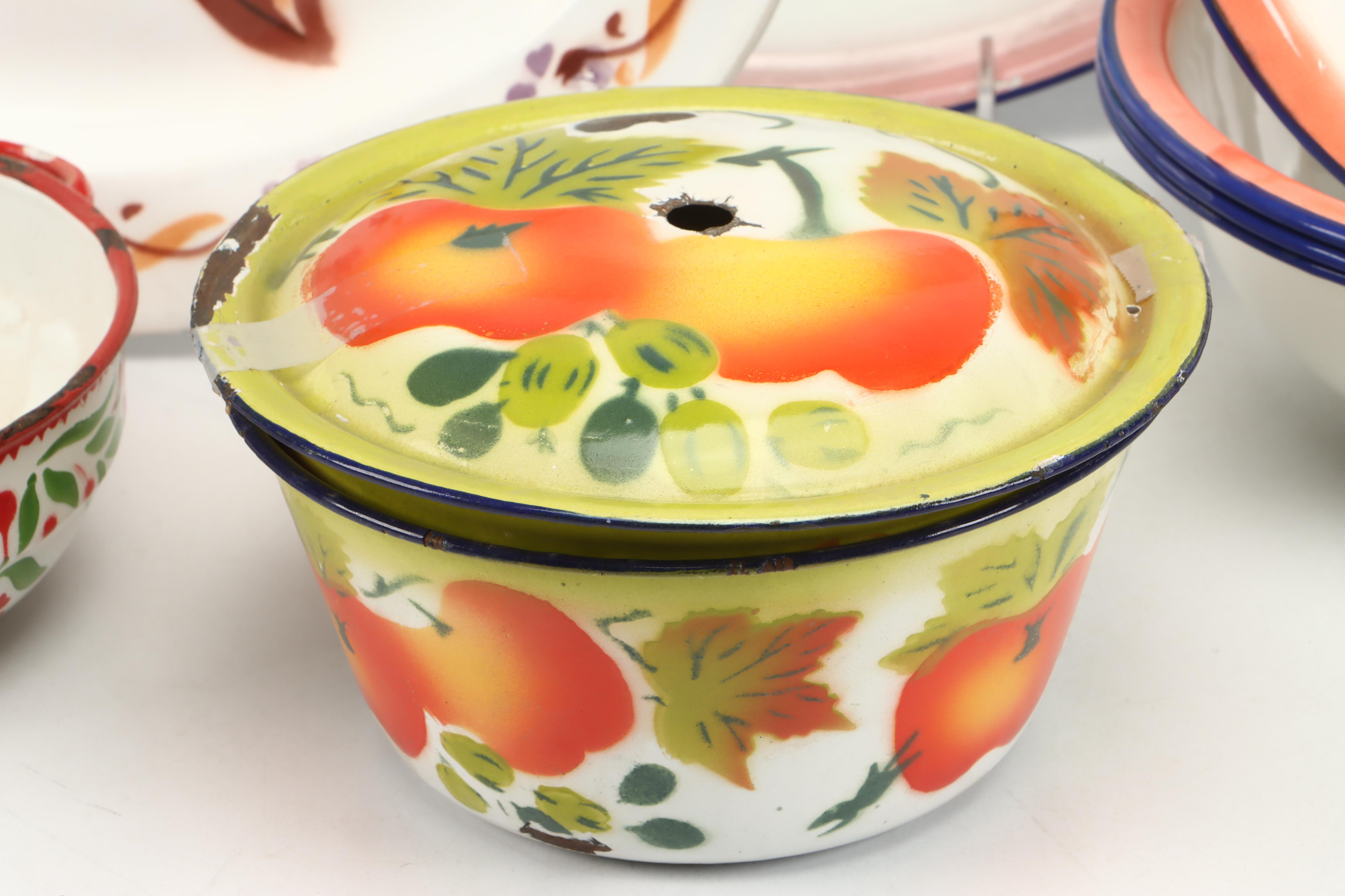 Peacock Floral Motif Enameled Metal Platter and Mugs with More