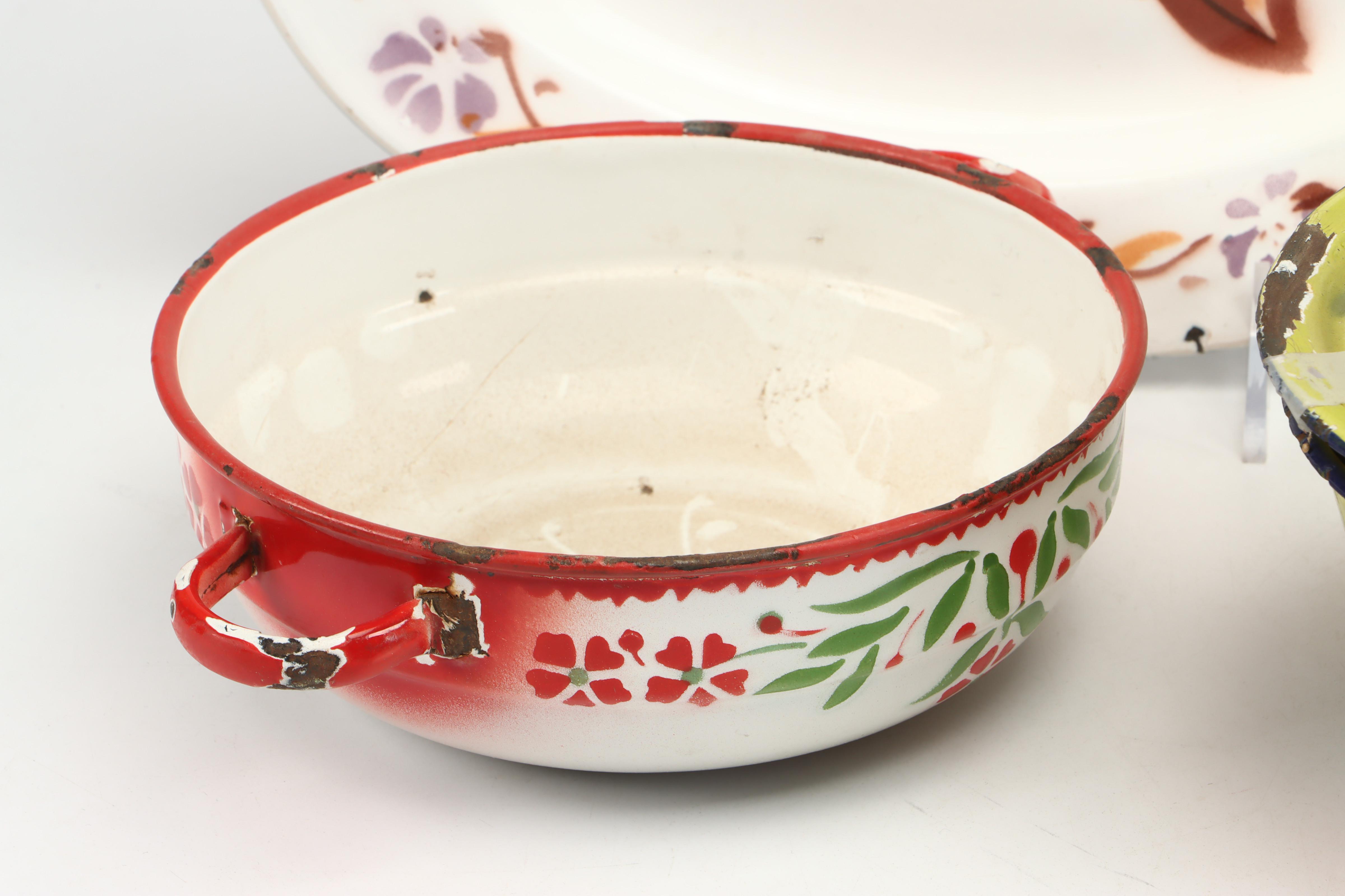 Peacock Floral Motif Enameled Metal Platter and Mugs with More