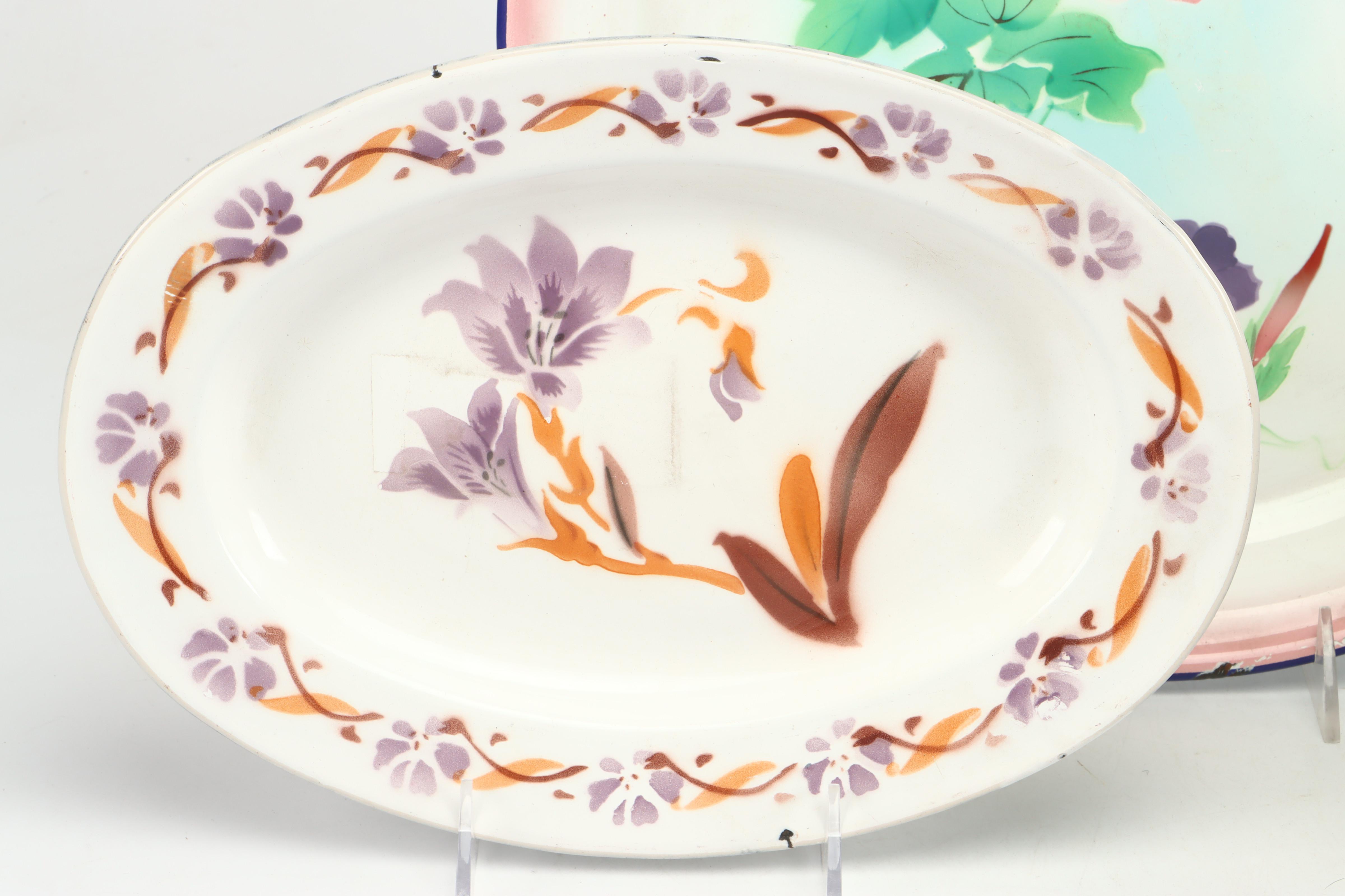 Peacock Floral Motif Enameled Metal Platter and Mugs with More