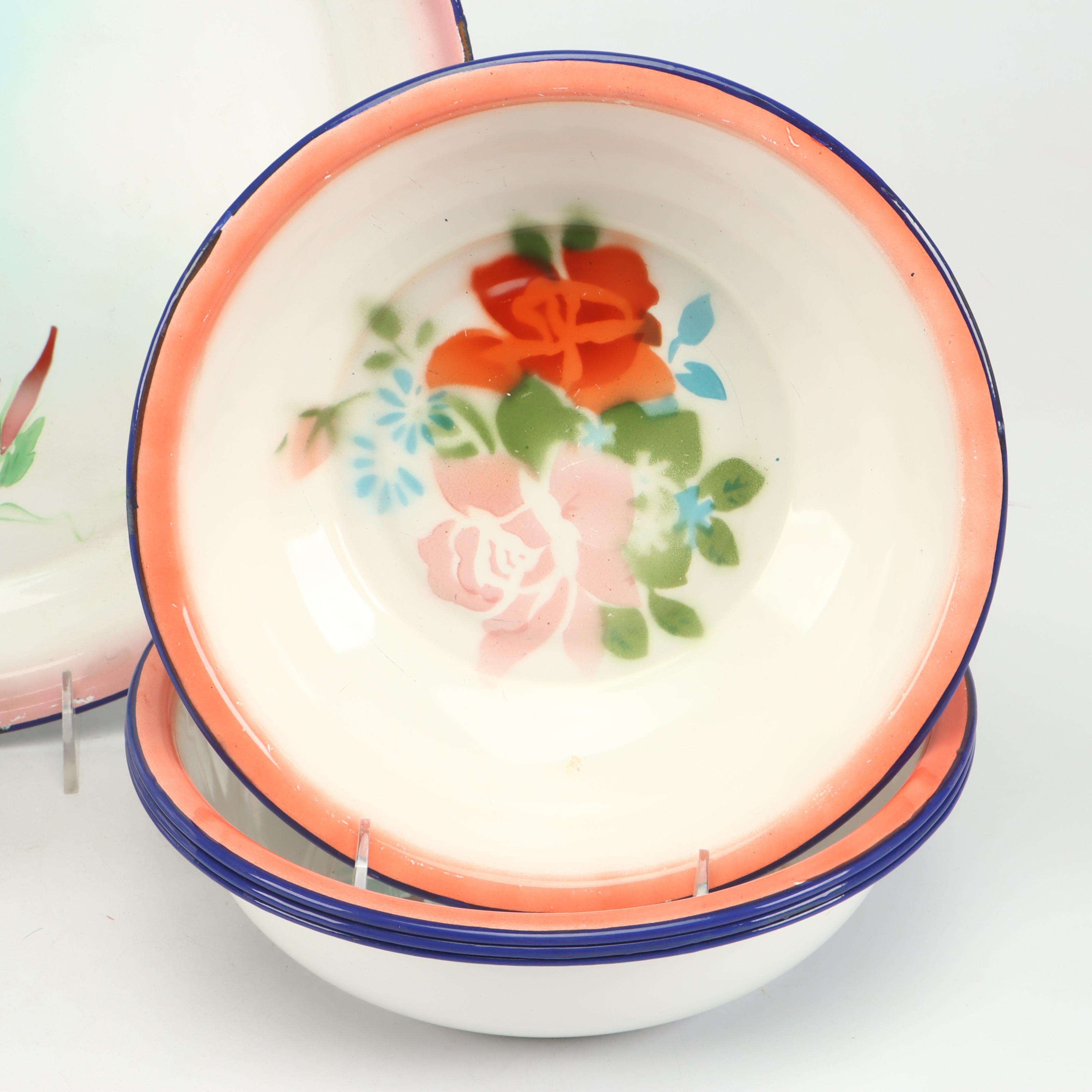 Peacock Floral Motif Enameled Metal Platter and Mugs with More