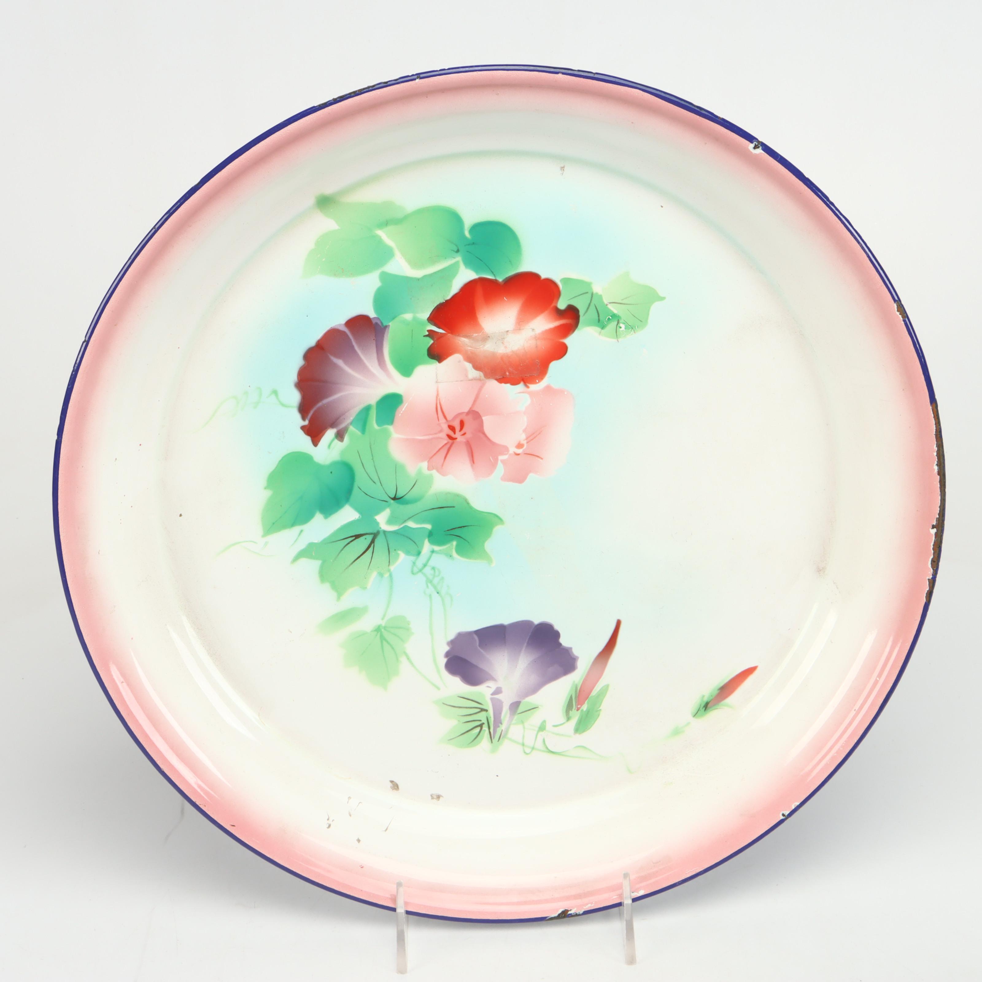 Peacock Floral Motif Enameled Metal Platter and Mugs with More