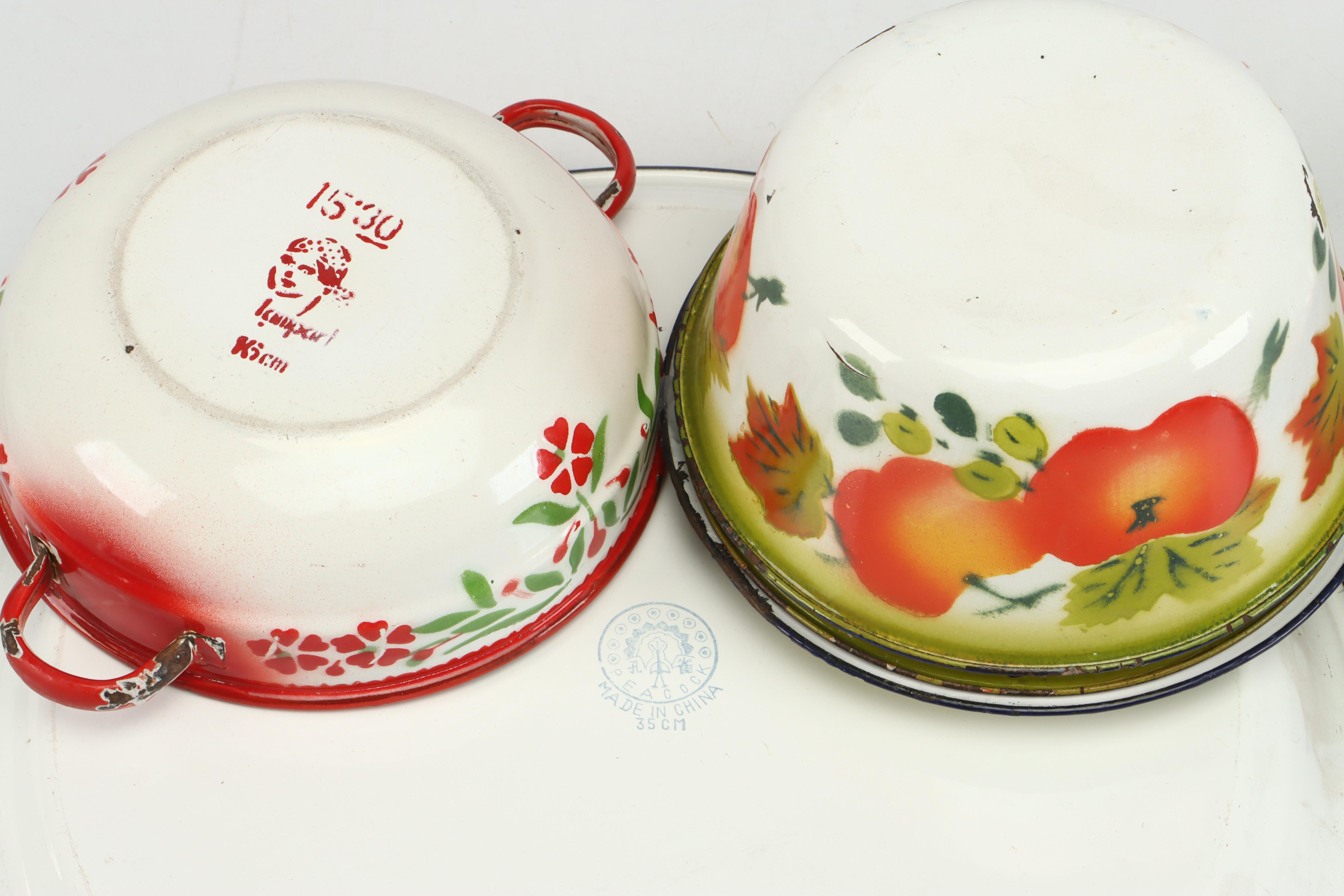 Peacock Floral Motif Enameled Metal Platter and Mugs with More