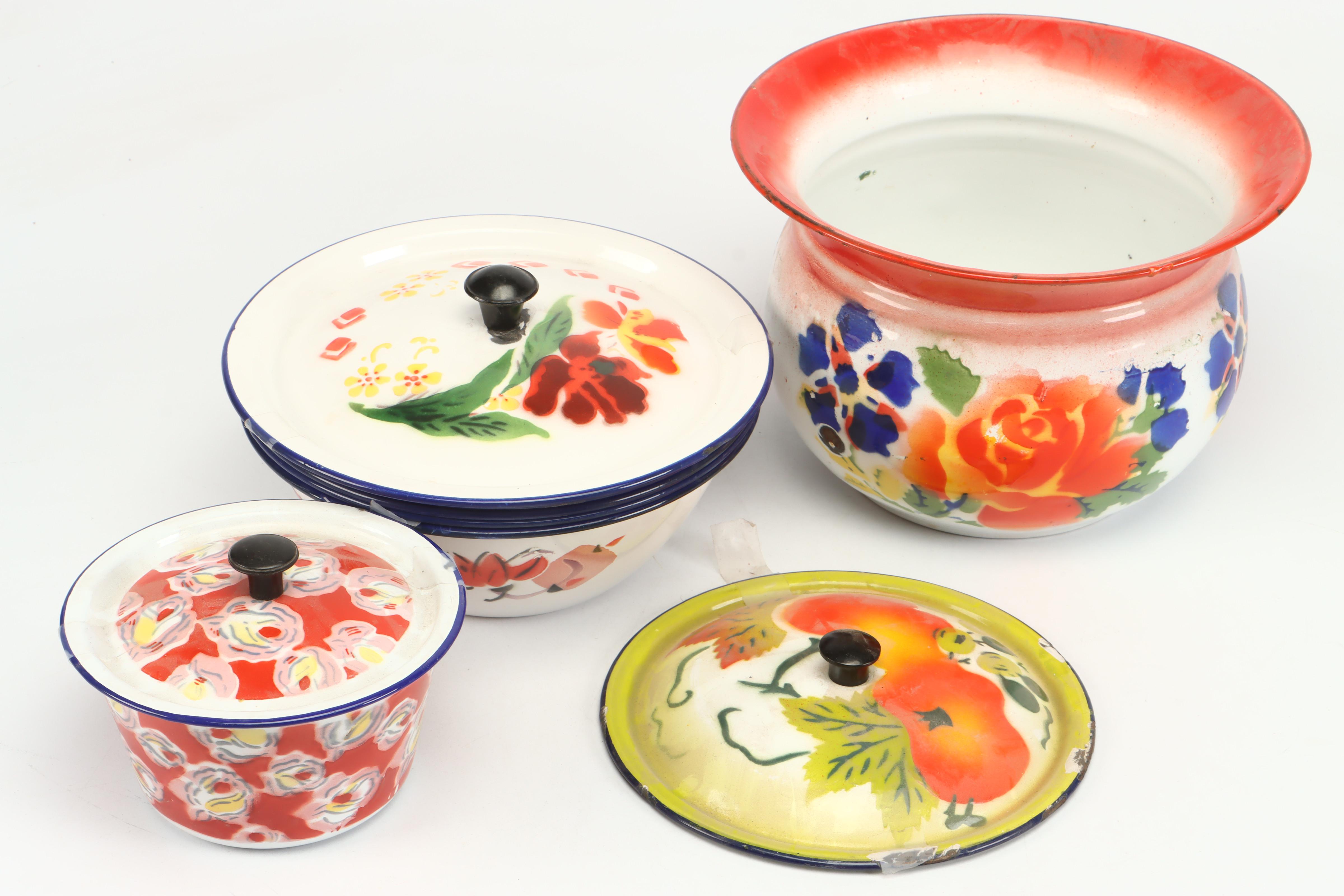 Peacock Floral Motif Enameled Metal Platter and Mugs with More