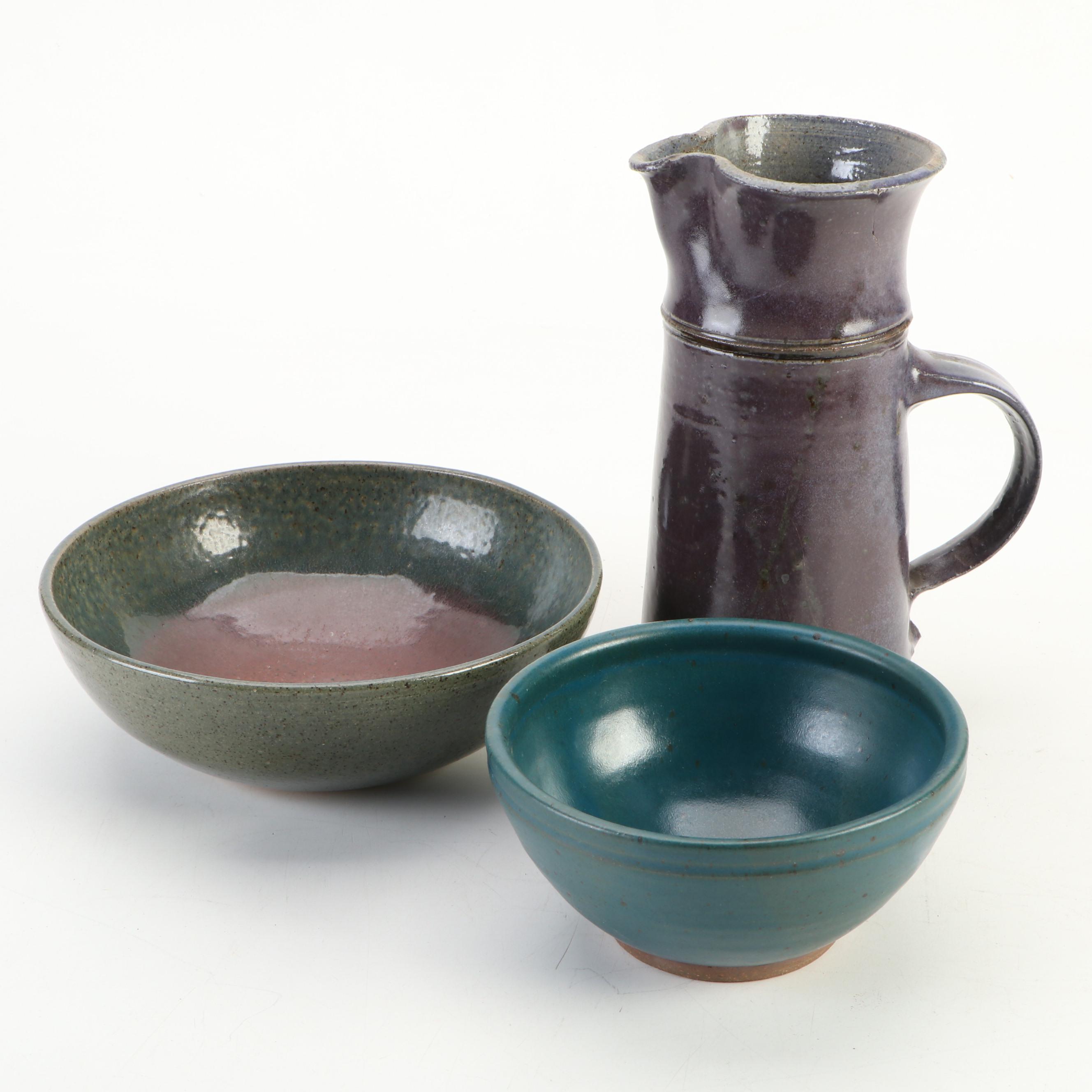J. Smith and Other Studio Art Pottery Bowl and Pitcher, Late 20th Century