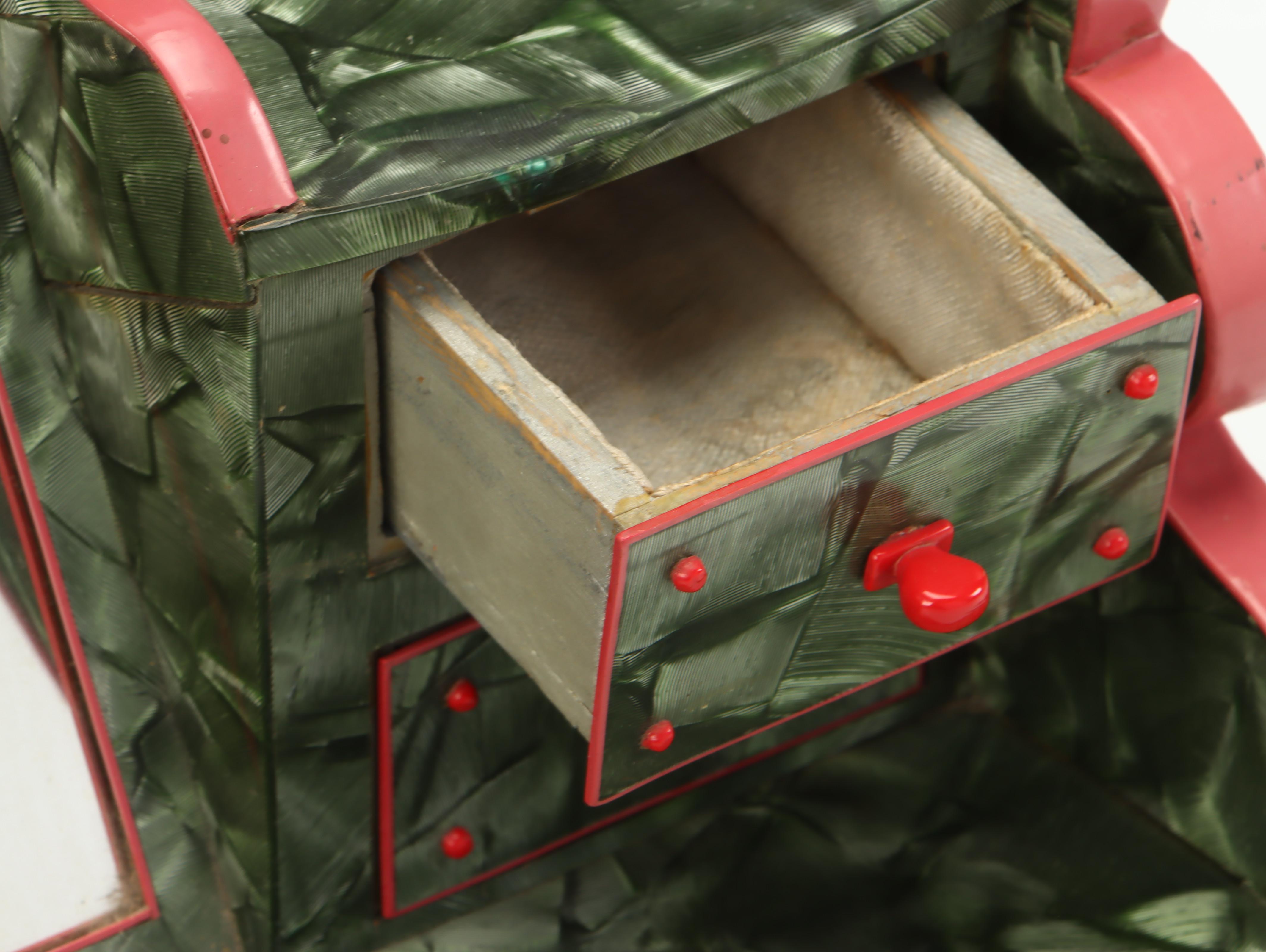 Art Deco Handcrafted Red and Green Bakelite Over Wood Jewelry Box
