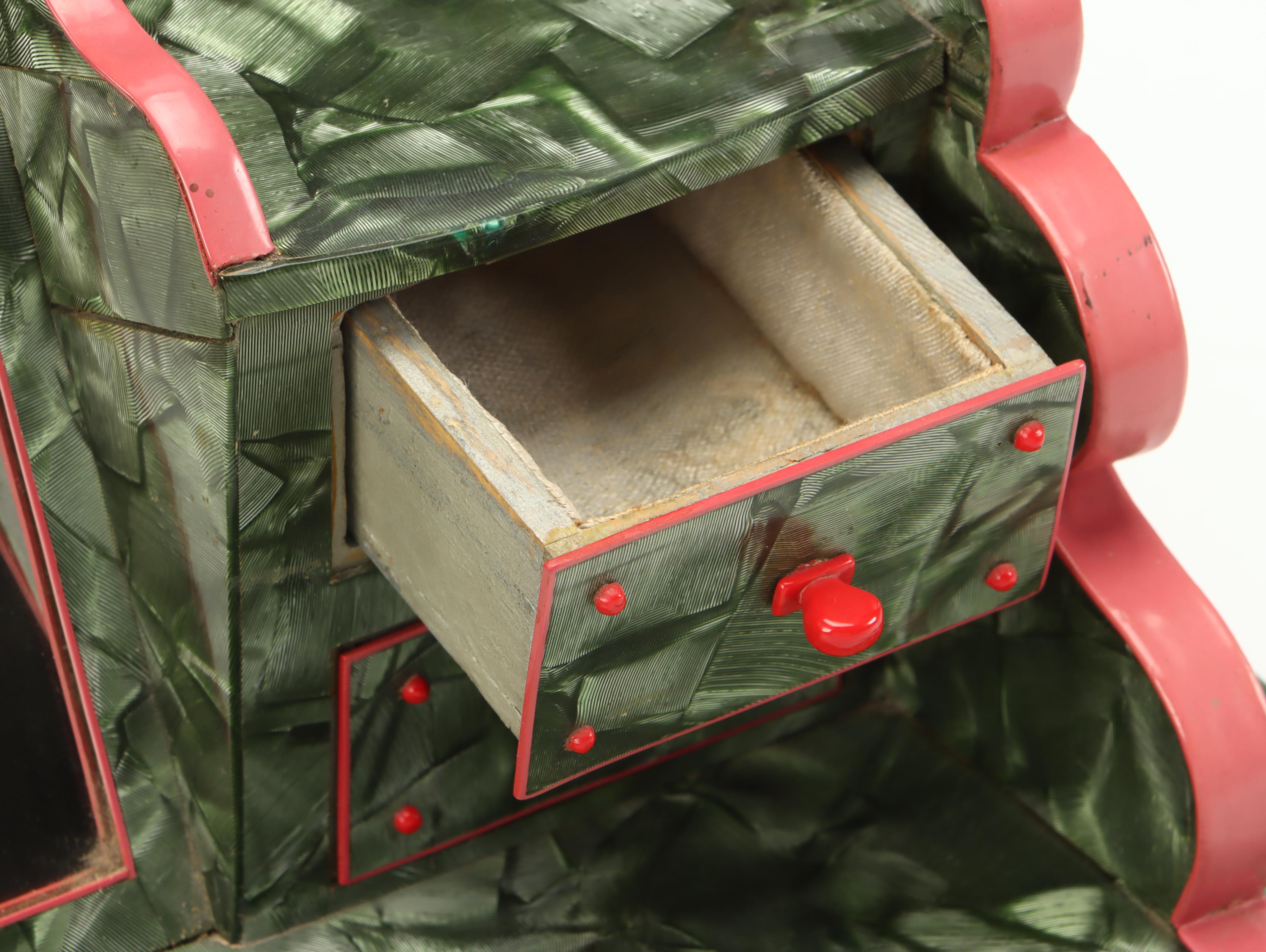 Art Deco Handcrafted Red and Green Bakelite Over Wood Jewelry Box