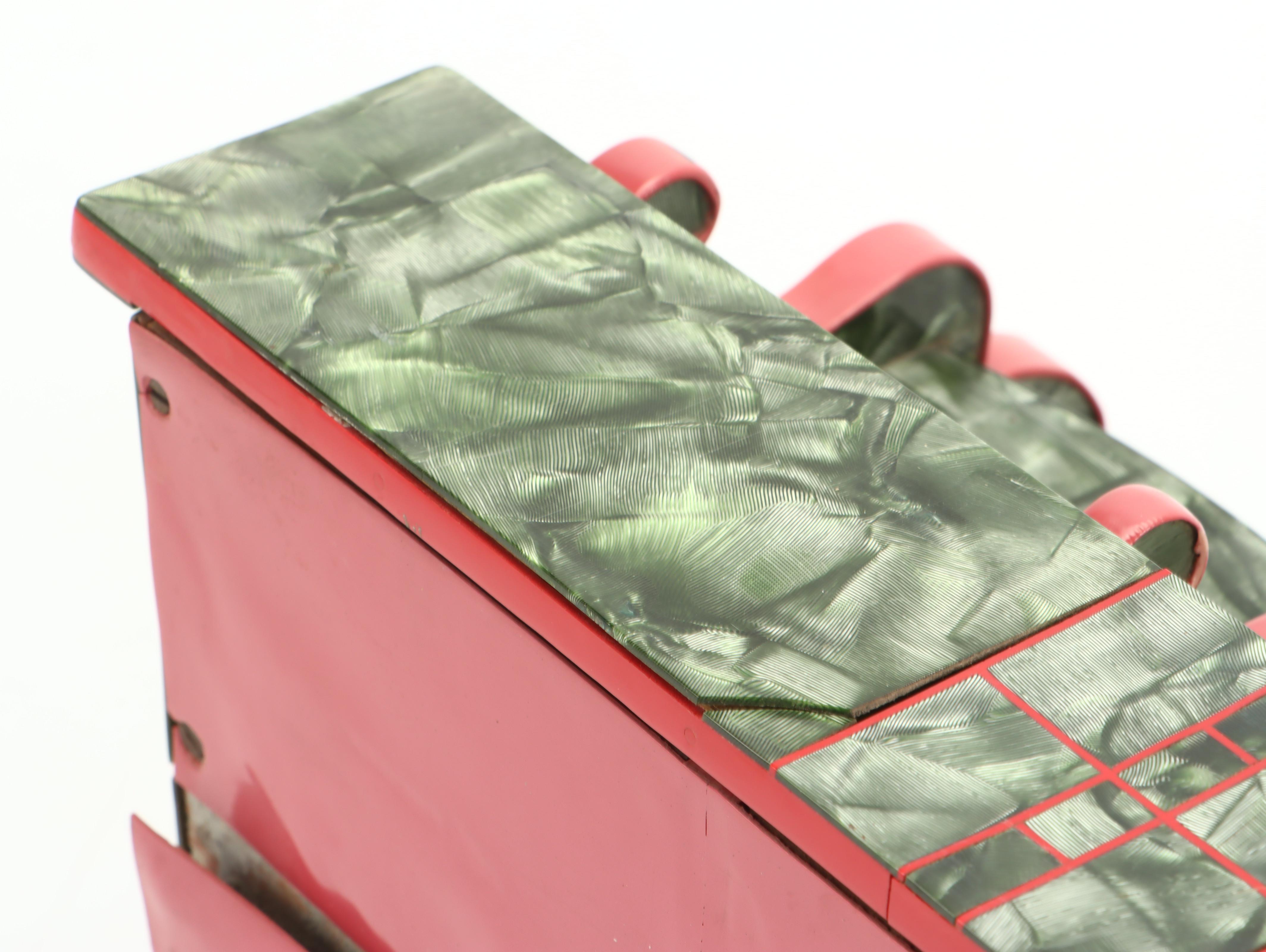 Art Deco Handcrafted Red and Green Bakelite Over Wood Jewelry Box