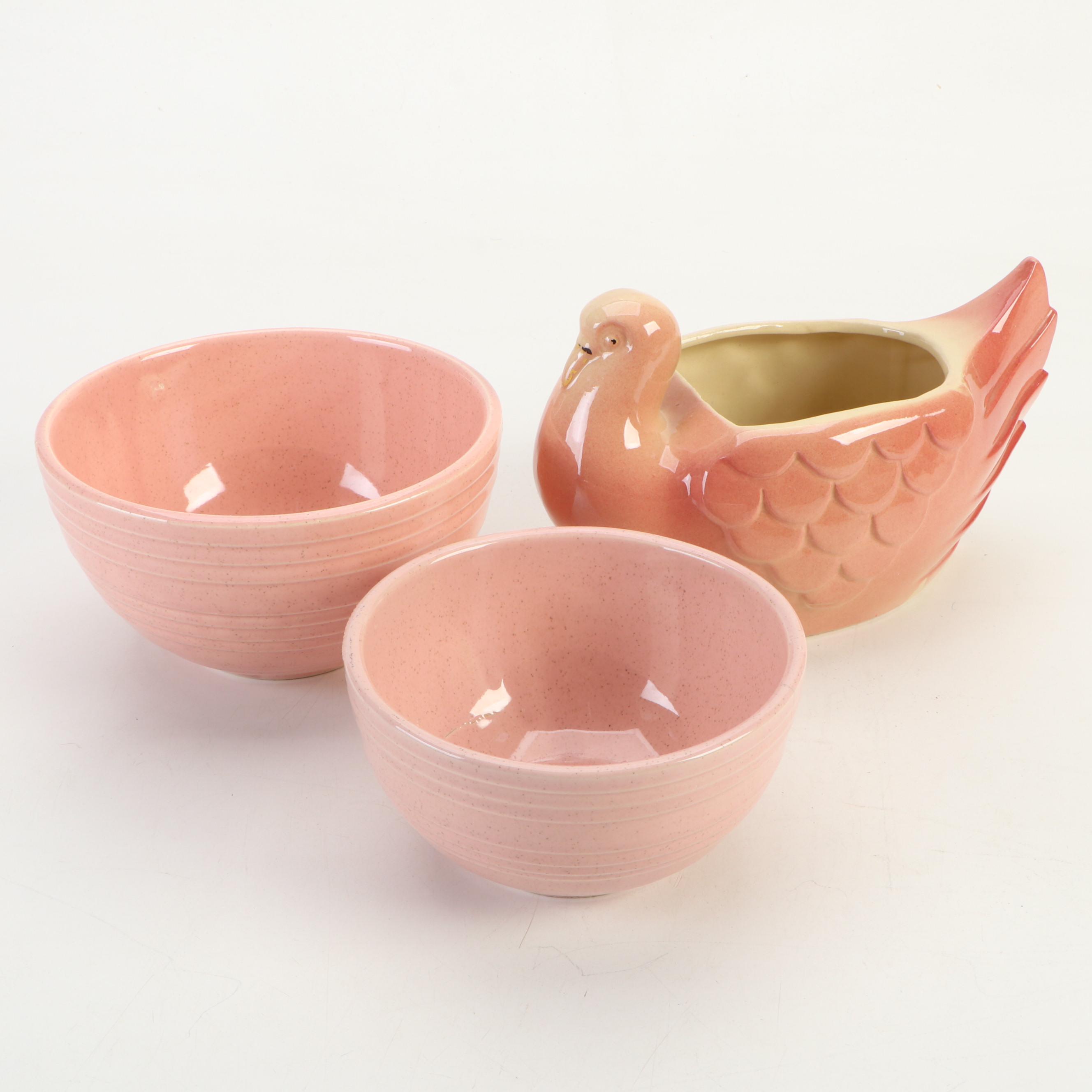 McCoy Pottery Speckled Pink Nesting Mixing Bowls with Napco Planter, Mid-20th C.