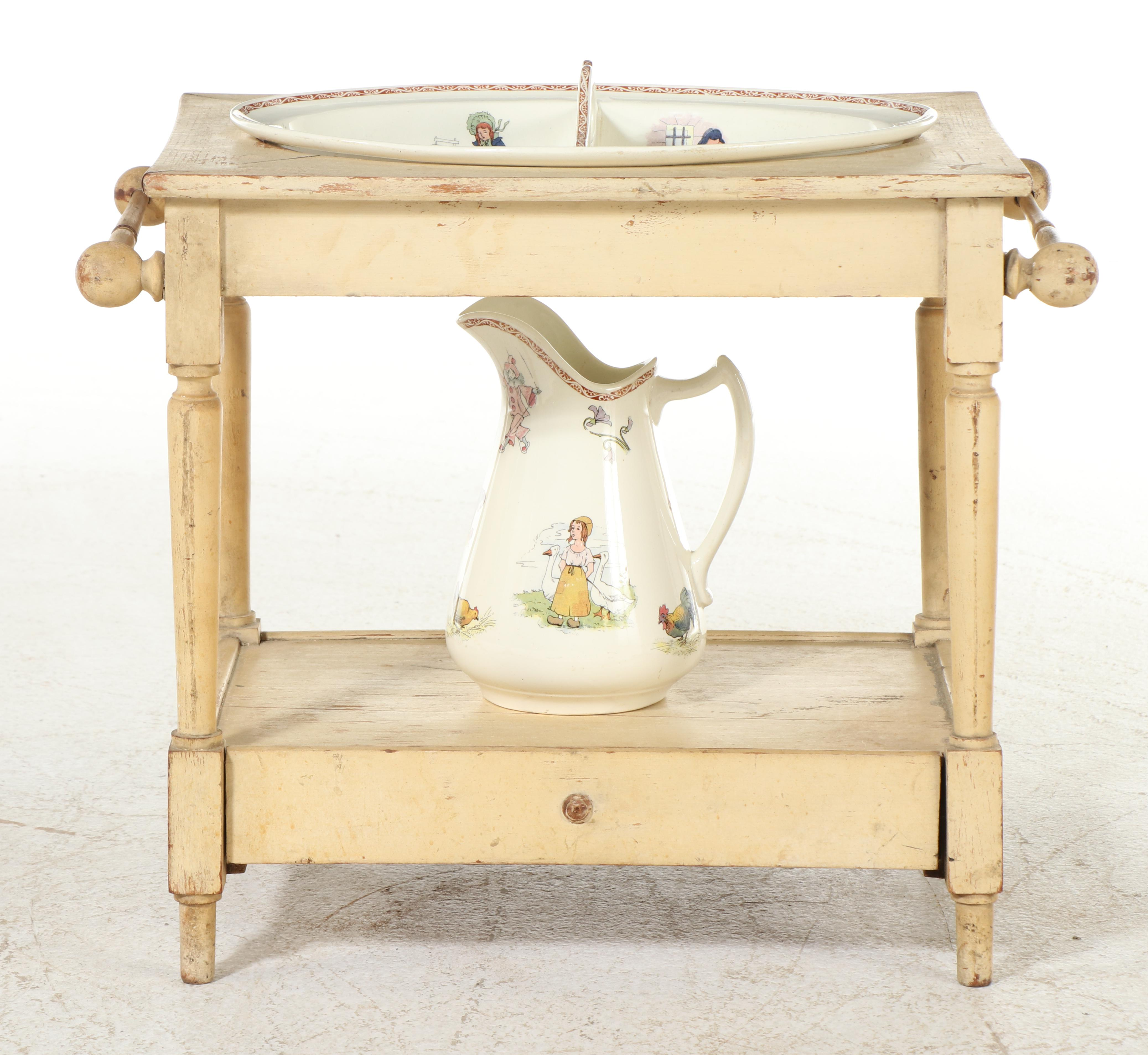 Victorian Doll Washstand with Ceramic Kate Greenaway Pitcher and Handled Basin
