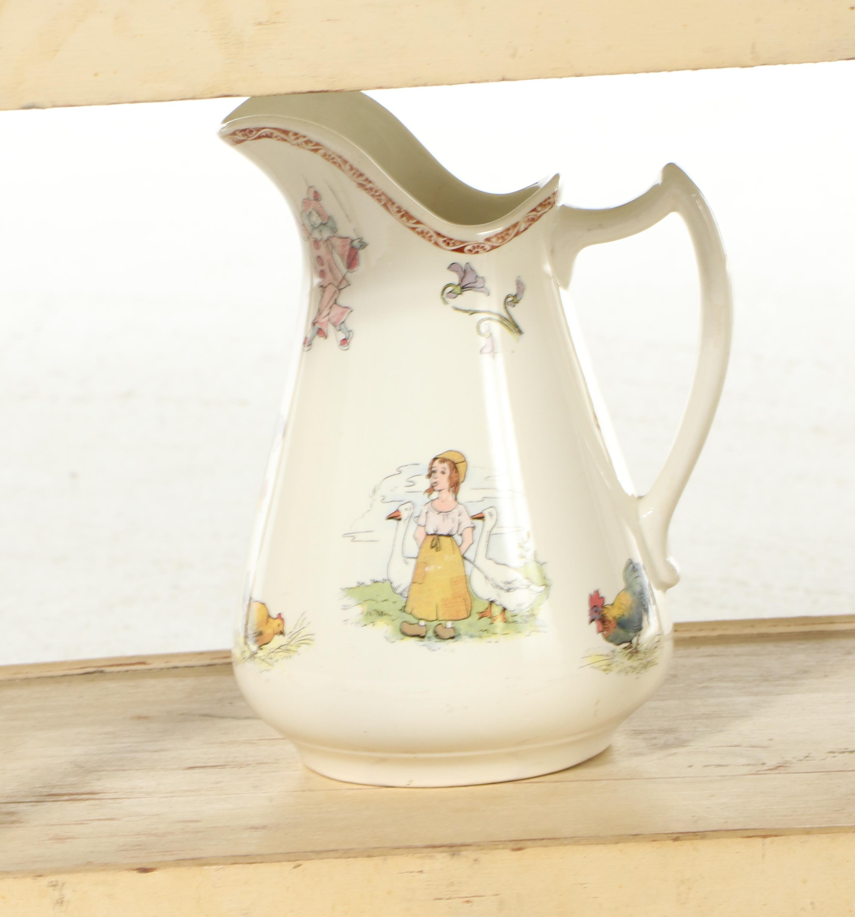 Victorian Doll Washstand with Ceramic Kate Greenaway Pitcher and Handled Basin