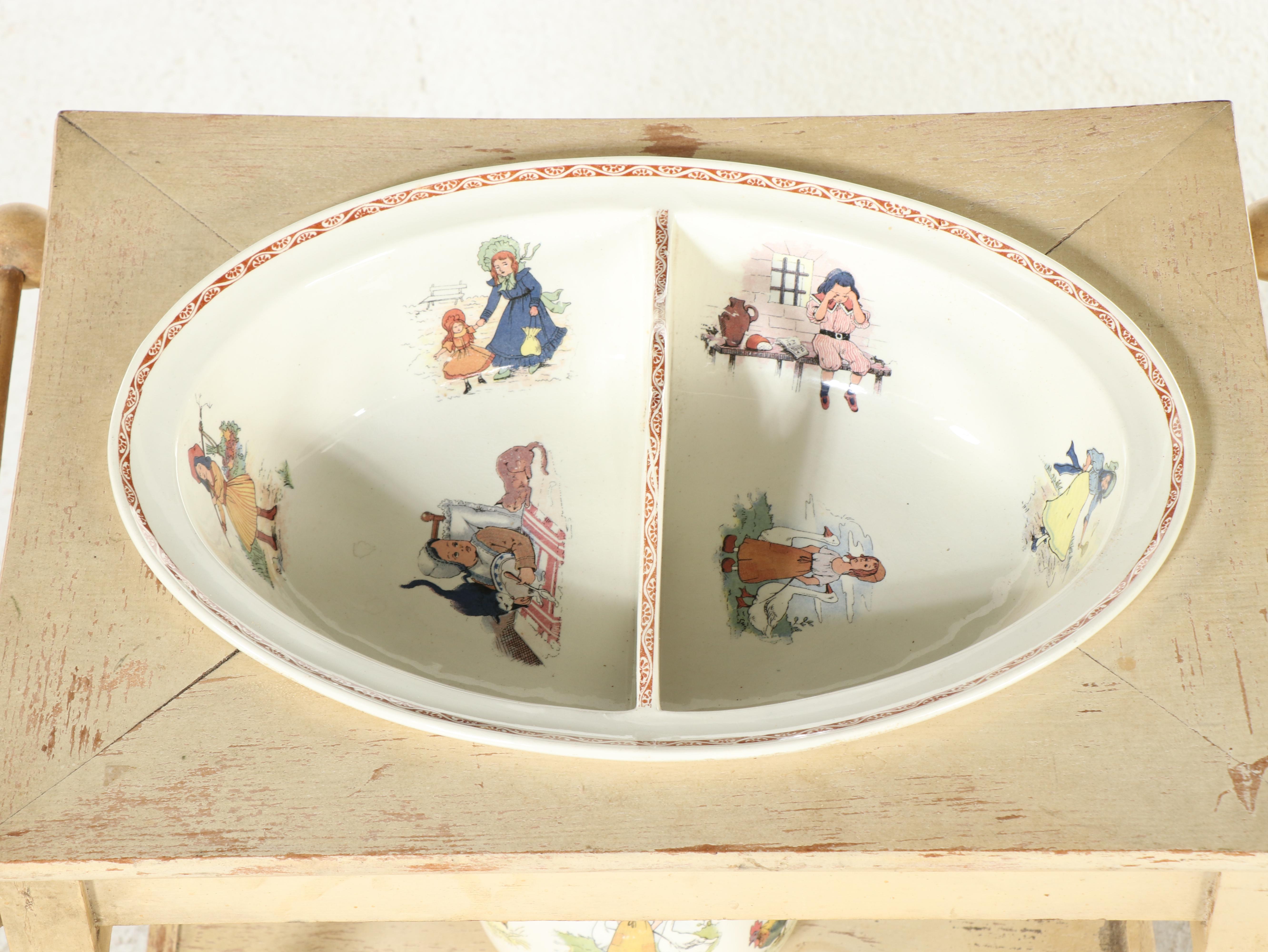 Victorian Doll Washstand with Ceramic Kate Greenaway Pitcher and Handled Basin