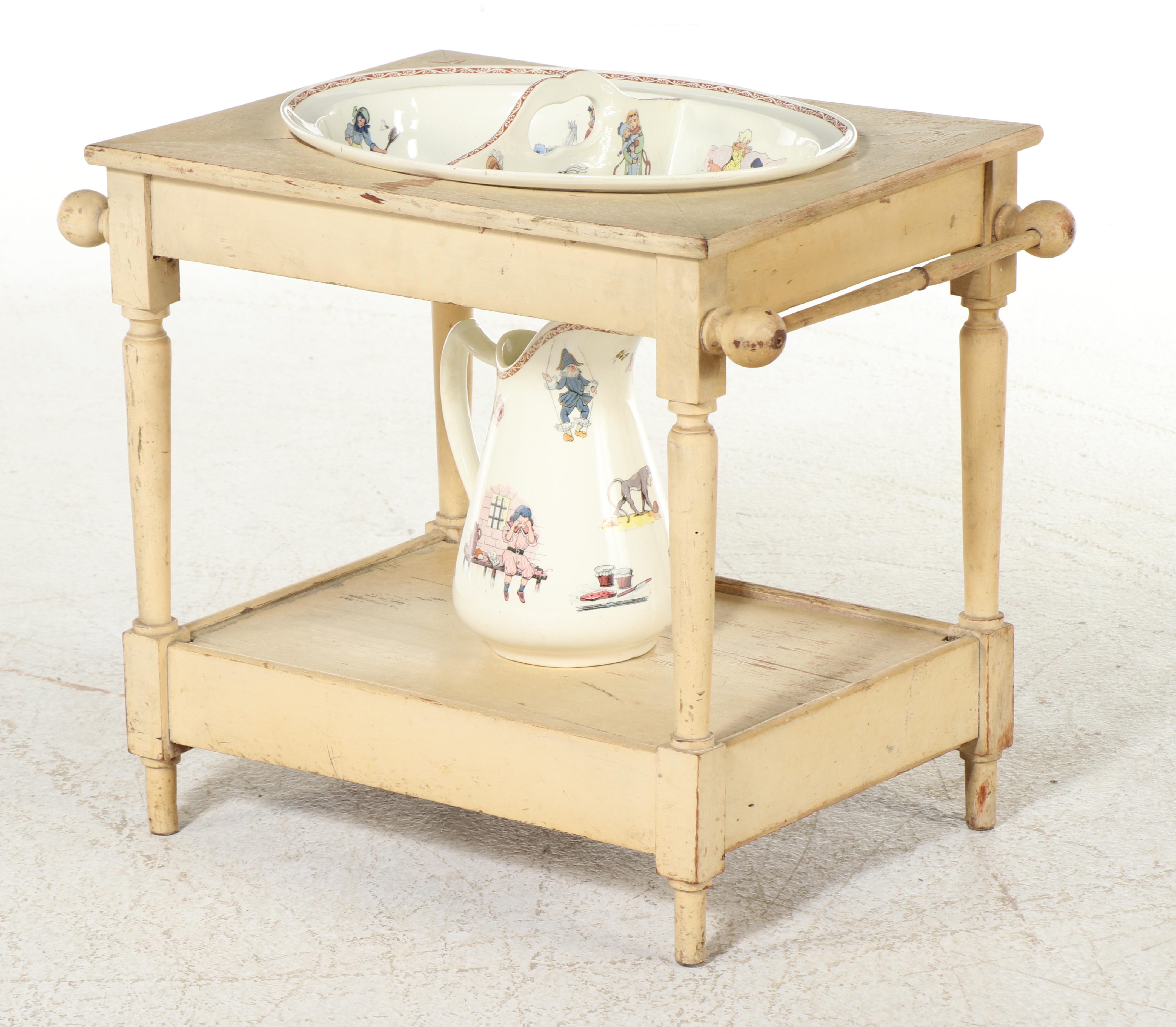 Victorian Doll Washstand with Ceramic Kate Greenaway Pitcher and Handled Basin