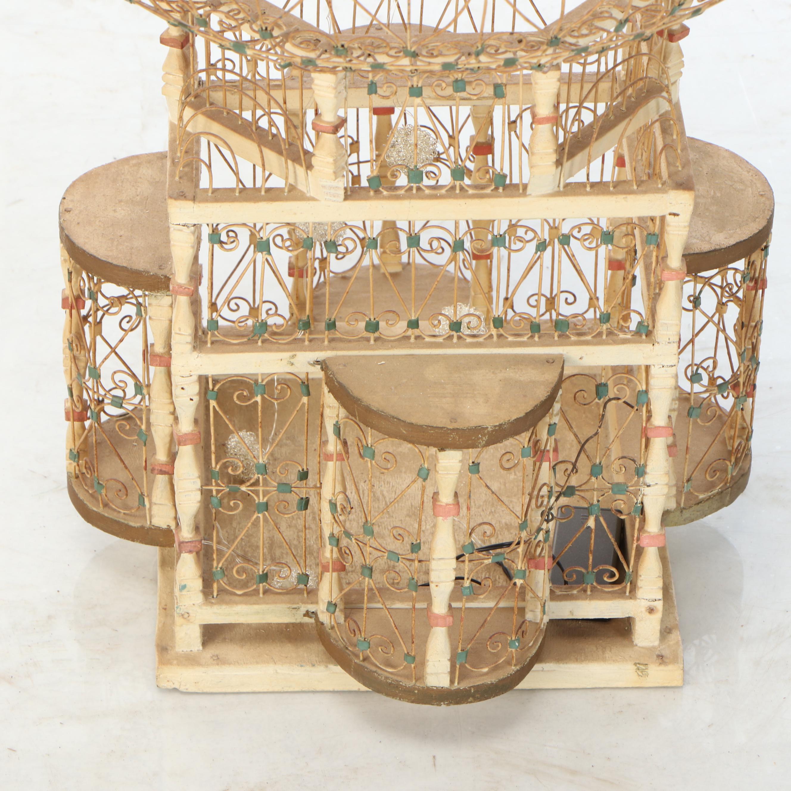 Moroccan Style Painted Wood and Scrolled Wire Domed Bird Cage