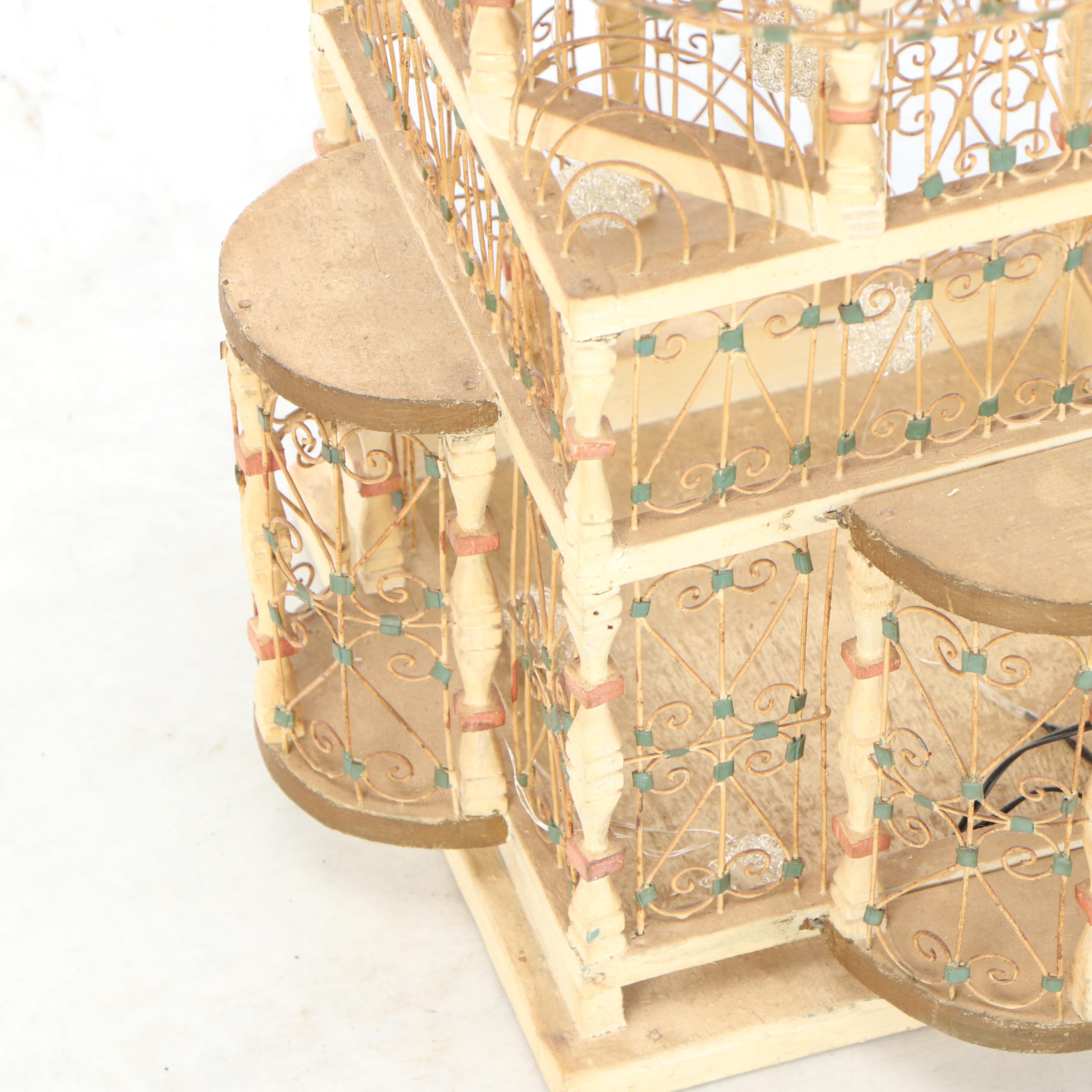 Moroccan Style Painted Wood and Scrolled Wire Domed Bird Cage
