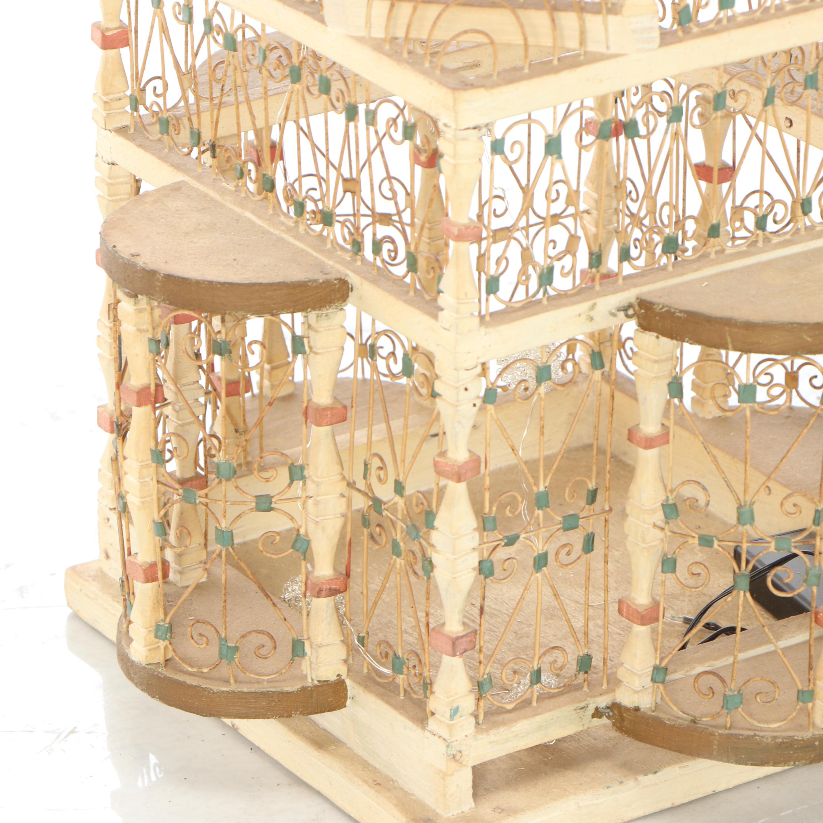 Moroccan Style Painted Wood and Scrolled Wire Domed Bird Cage