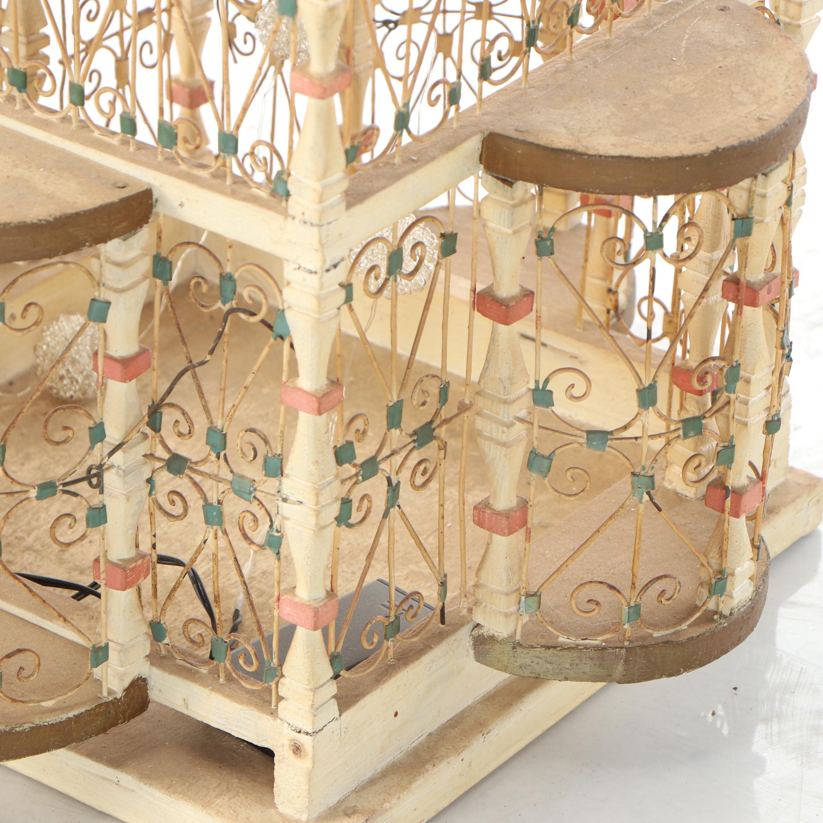 Moroccan Style Painted Wood and Scrolled Wire Domed Bird Cage