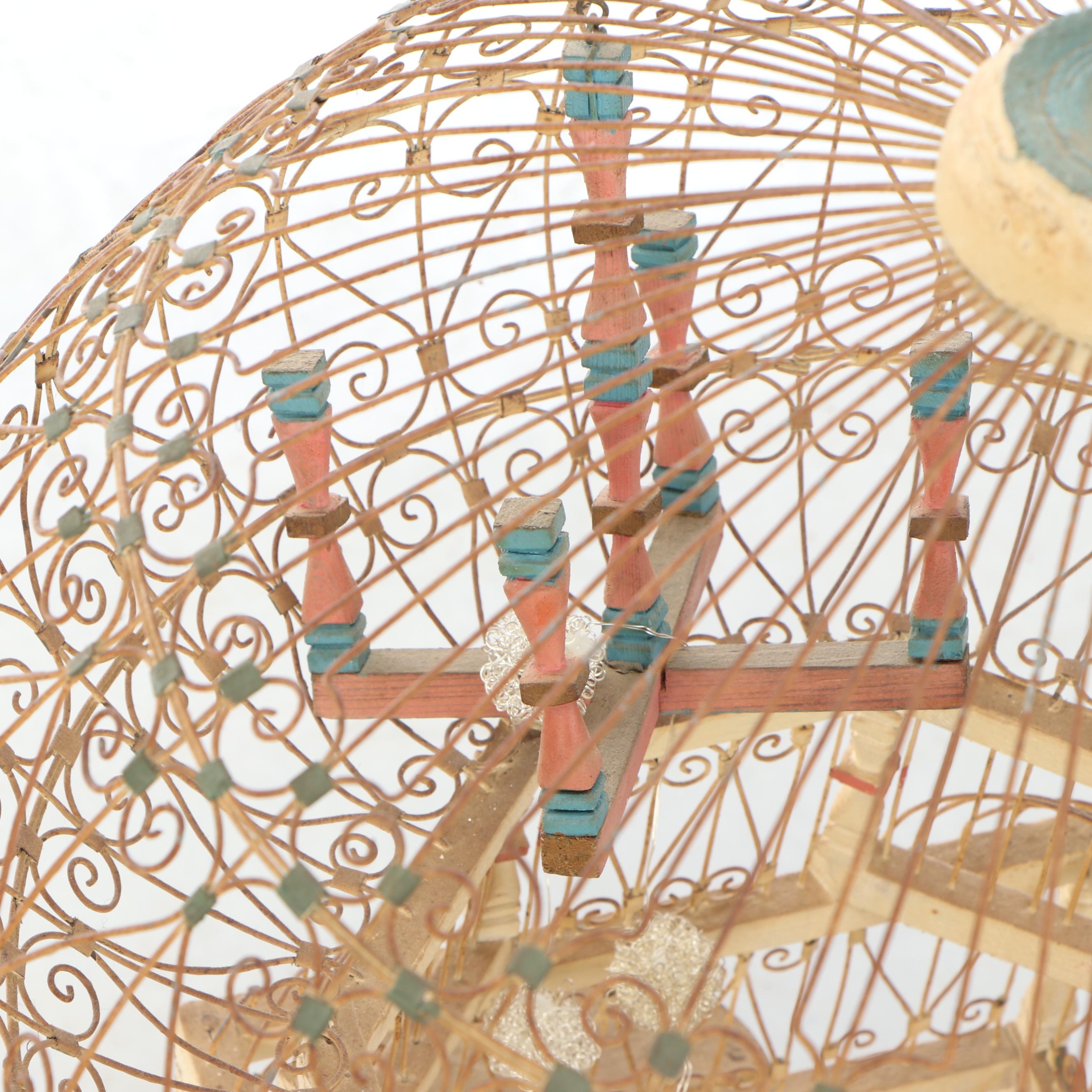 Moroccan Style Painted Wood and Scrolled Wire Domed Bird Cage