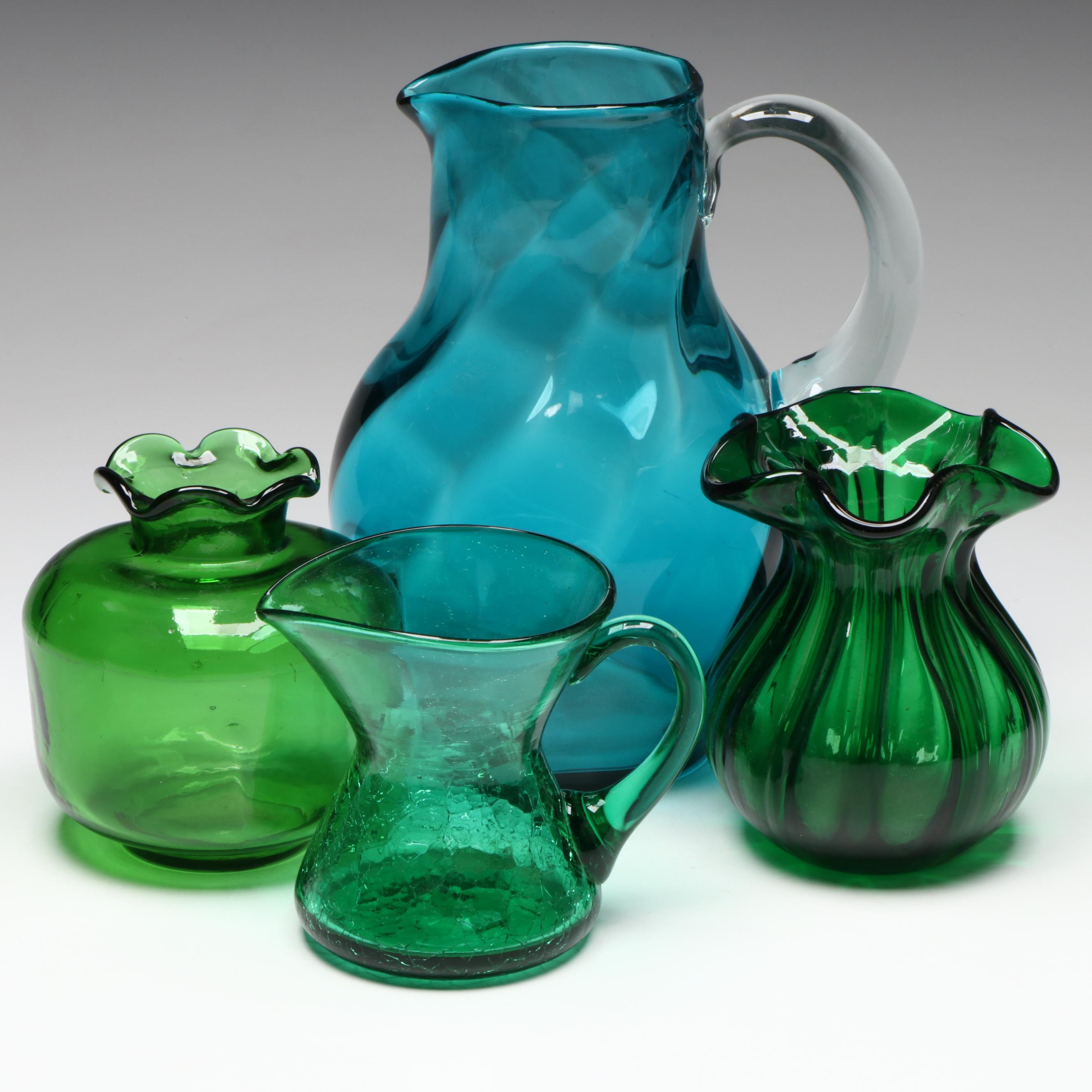 Blown Glass Pitcher and Crackle Glass Creamer with Flared Vases