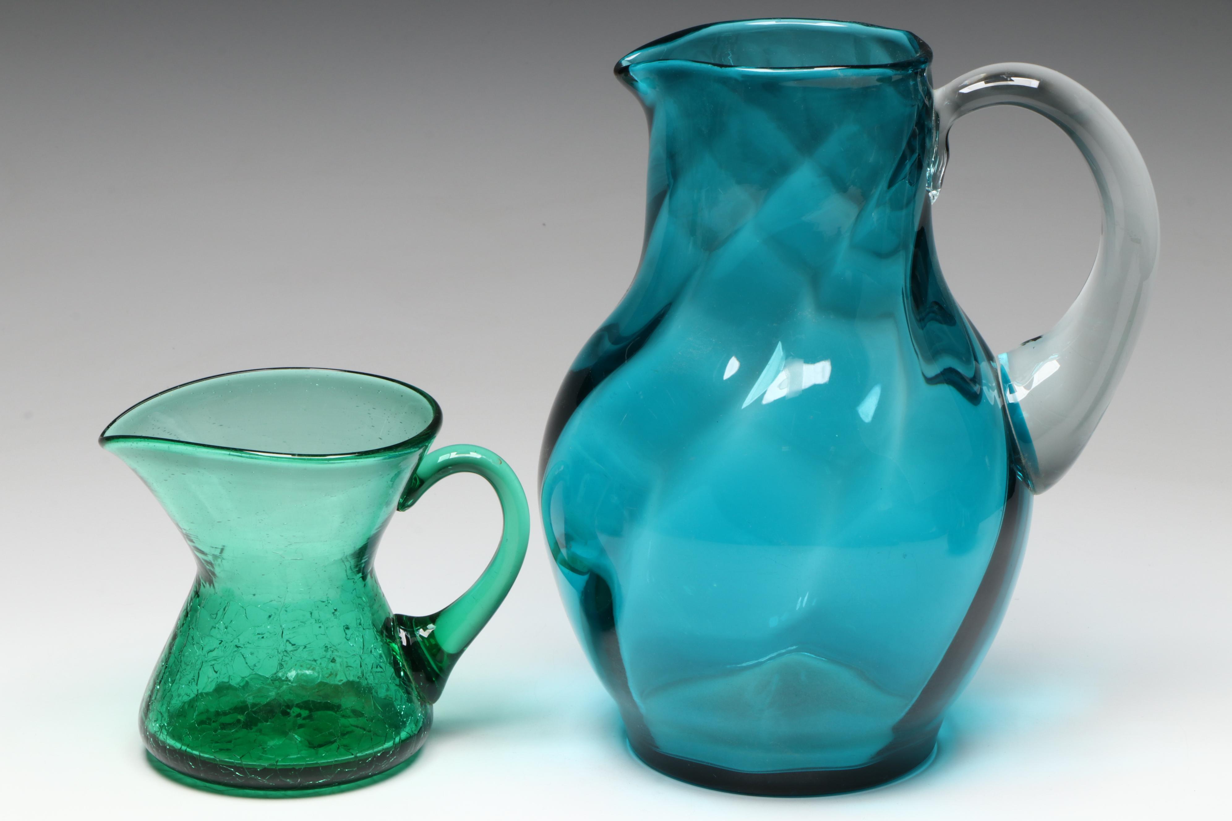Blown Glass Pitcher and Crackle Glass Creamer with Flared Vases