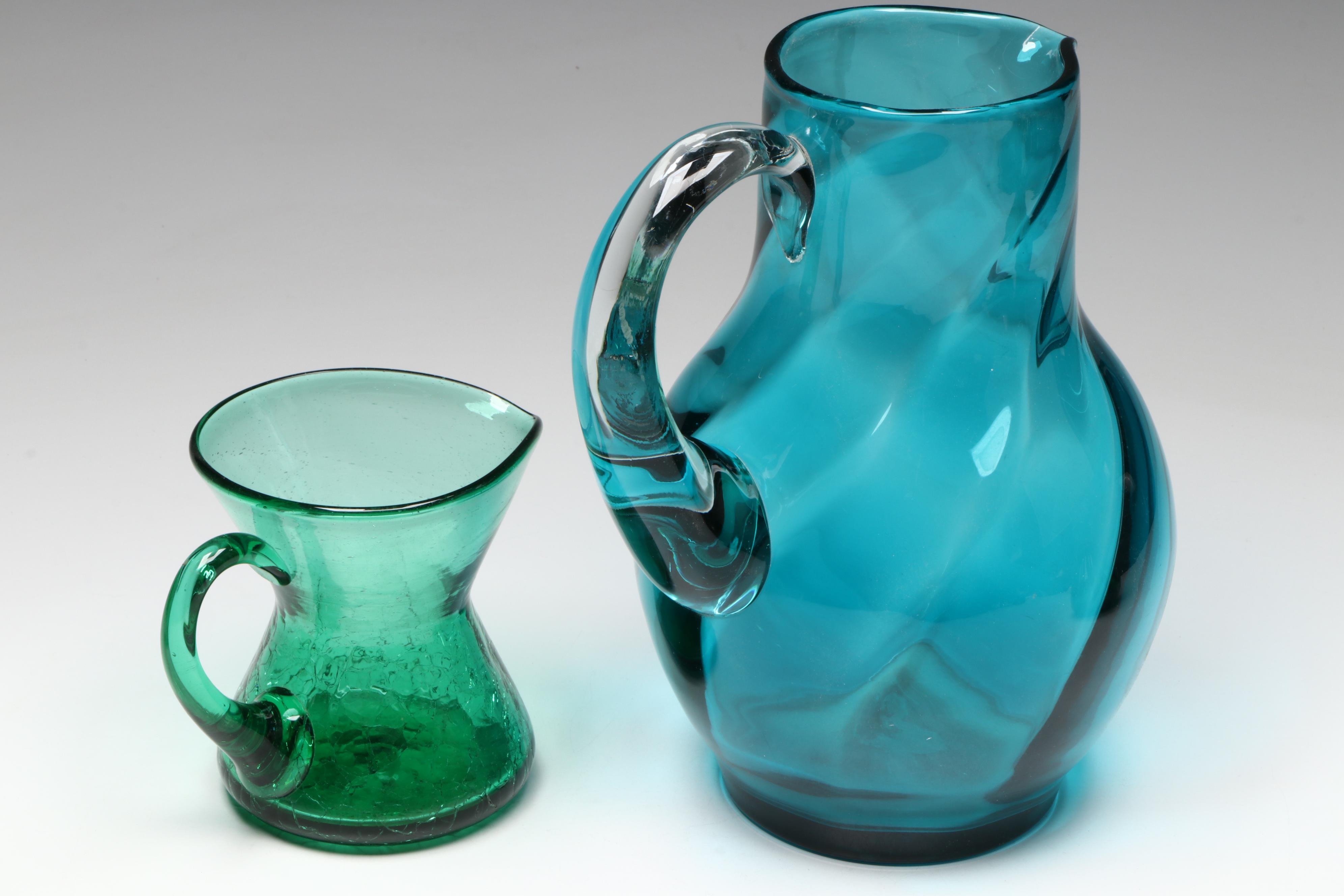 Blown Glass Pitcher and Crackle Glass Creamer with Flared Vases