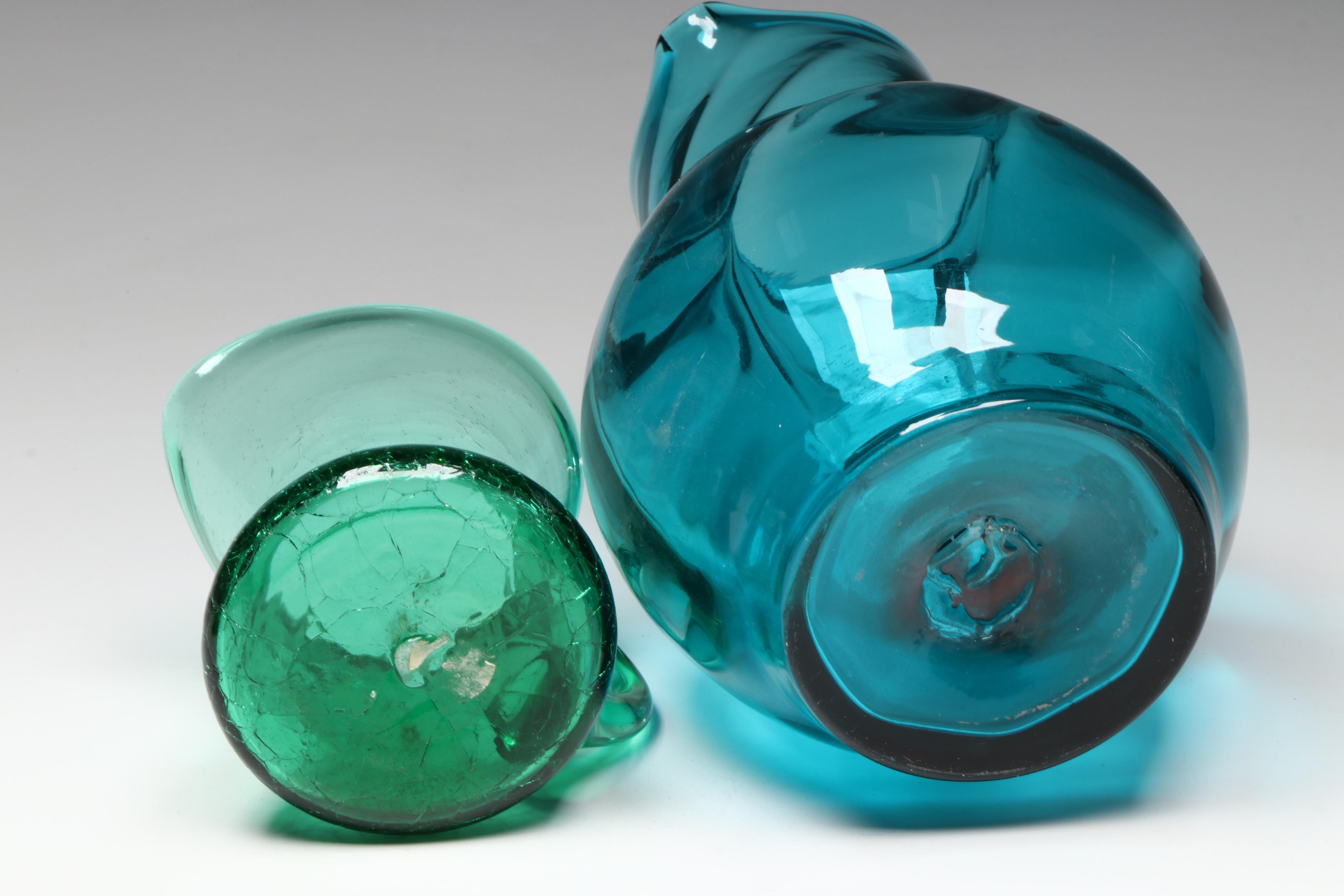 Blown Glass Pitcher and Crackle Glass Creamer with Flared Vases
