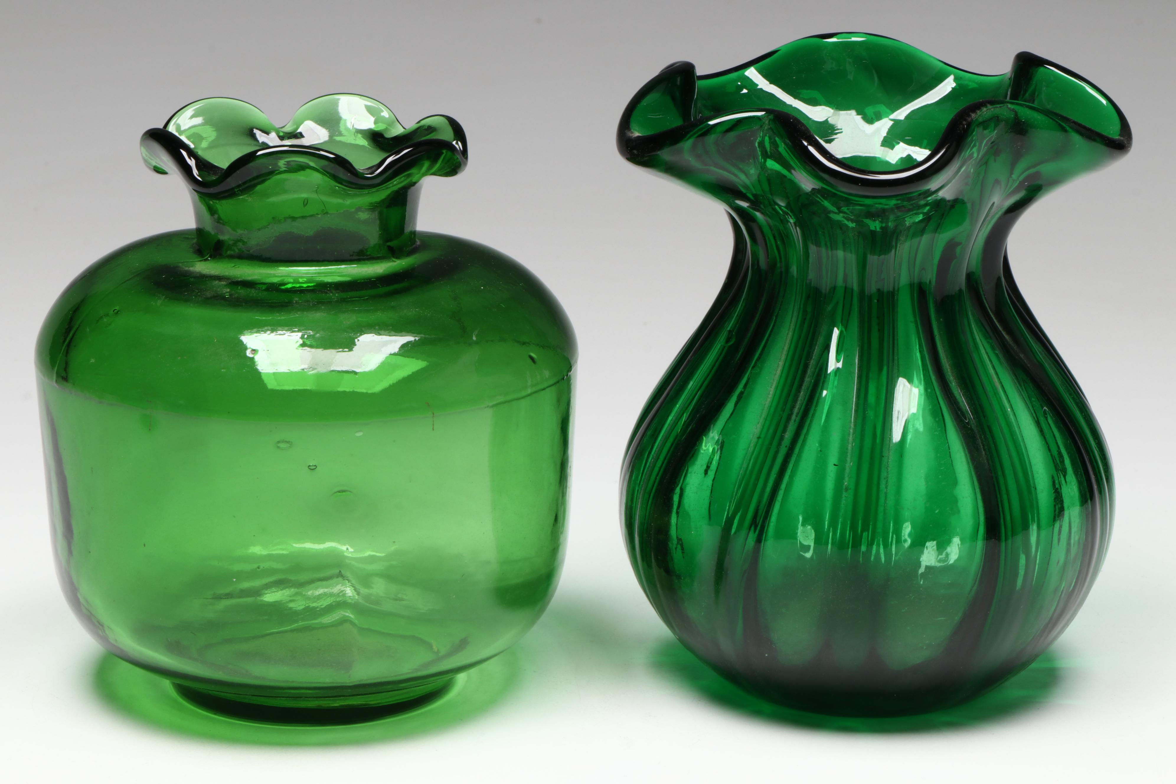 Blown Glass Pitcher and Crackle Glass Creamer with Flared Vases