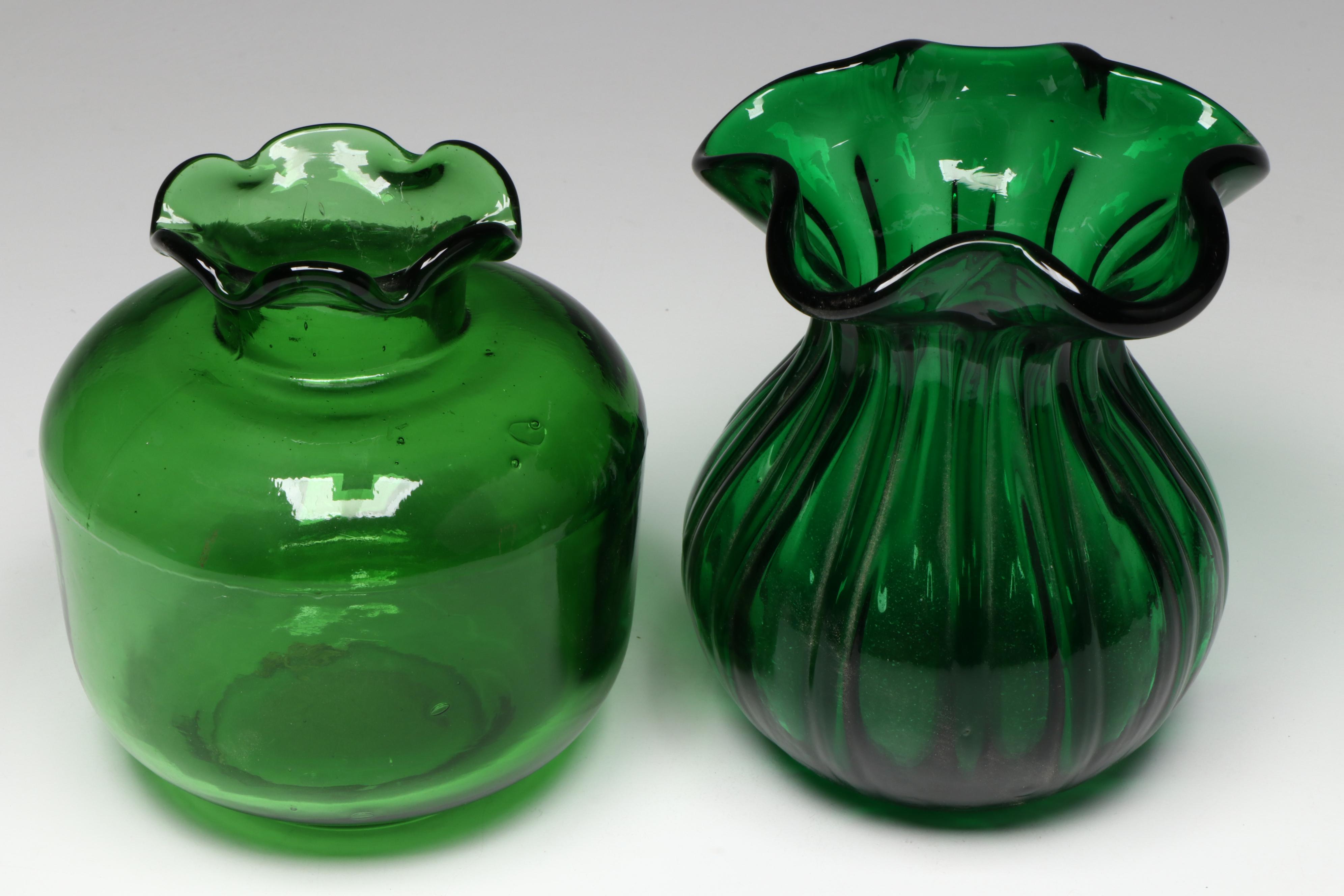 Blown Glass Pitcher and Crackle Glass Creamer with Flared Vases