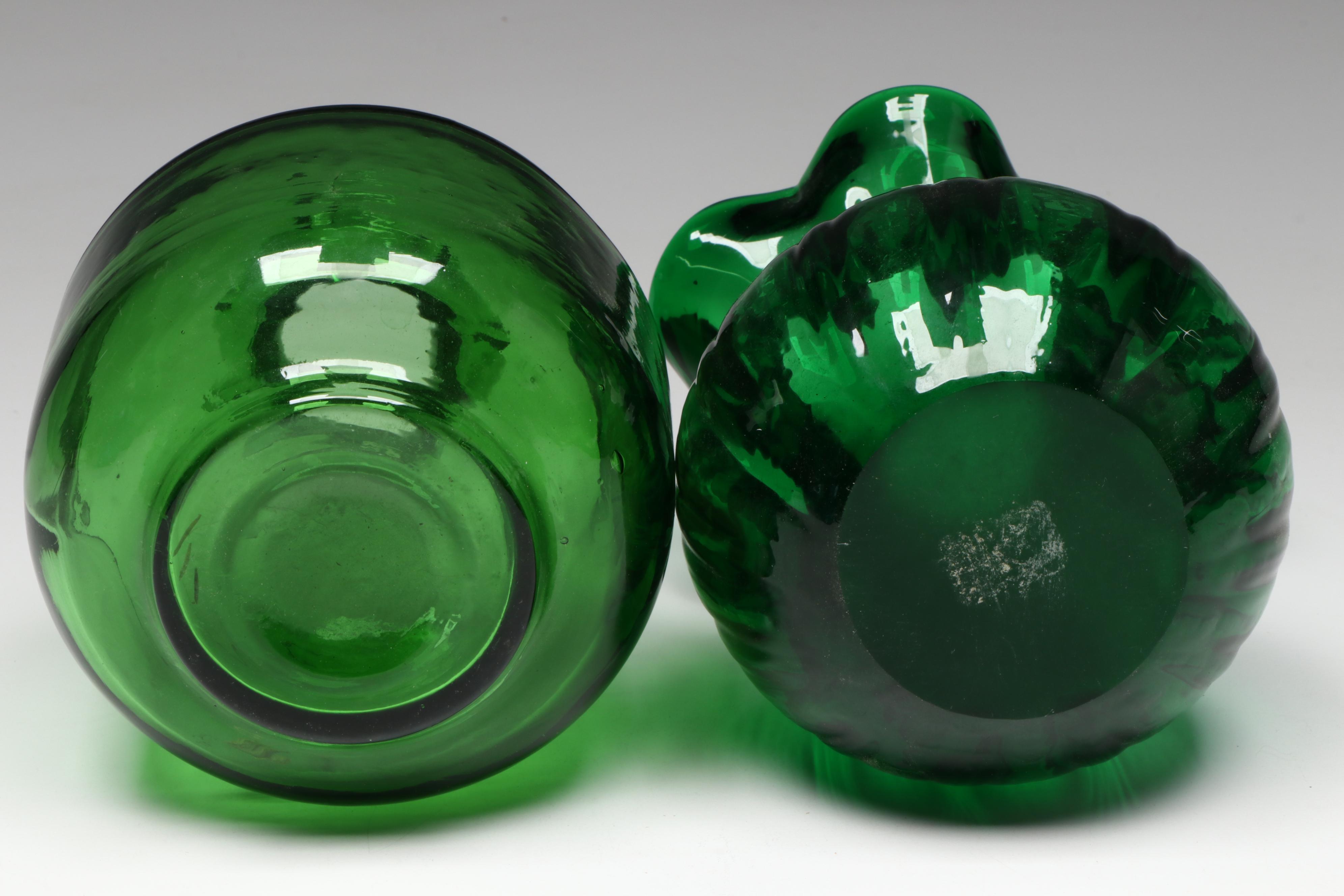 Blown Glass Pitcher and Crackle Glass Creamer with Flared Vases