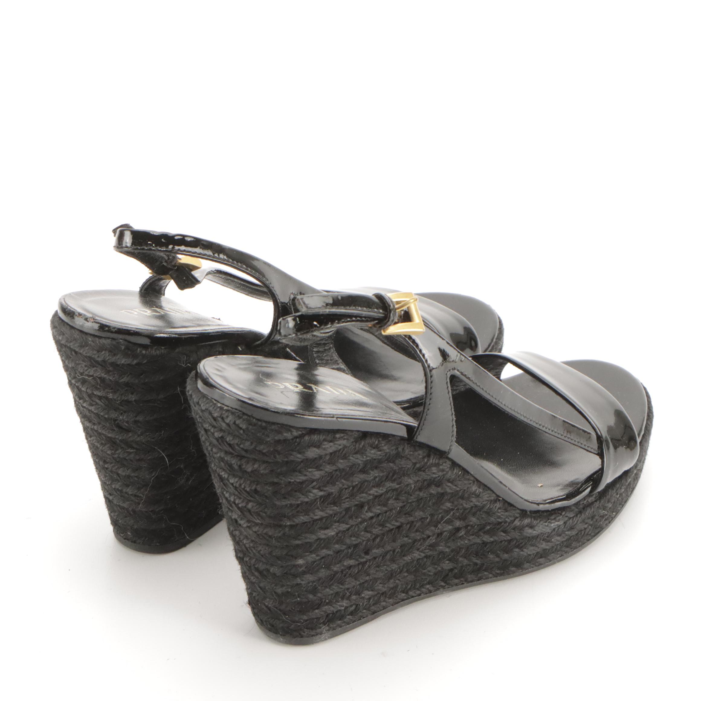 Prada Black Patent Leather Slingback Espadrille Wedges in Box