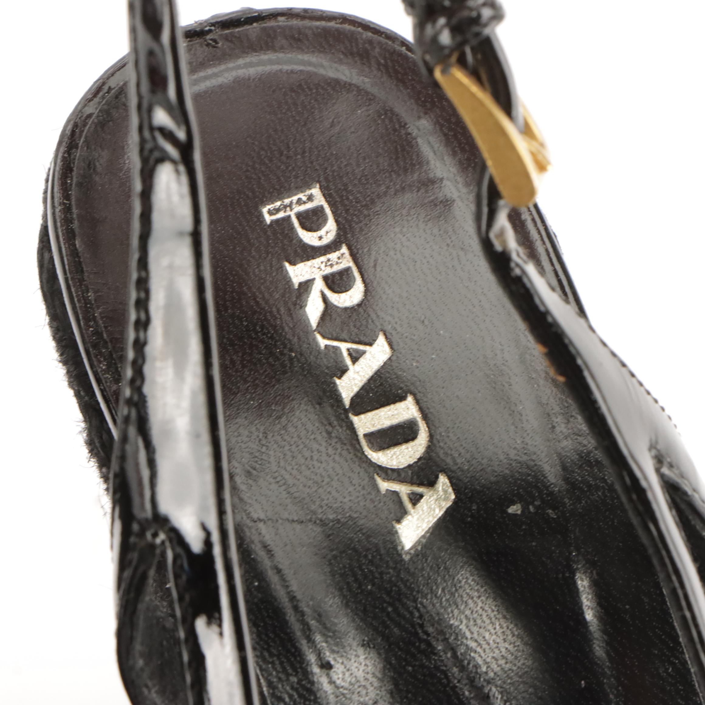 Prada Black Patent Leather Slingback Espadrille Wedges in Box