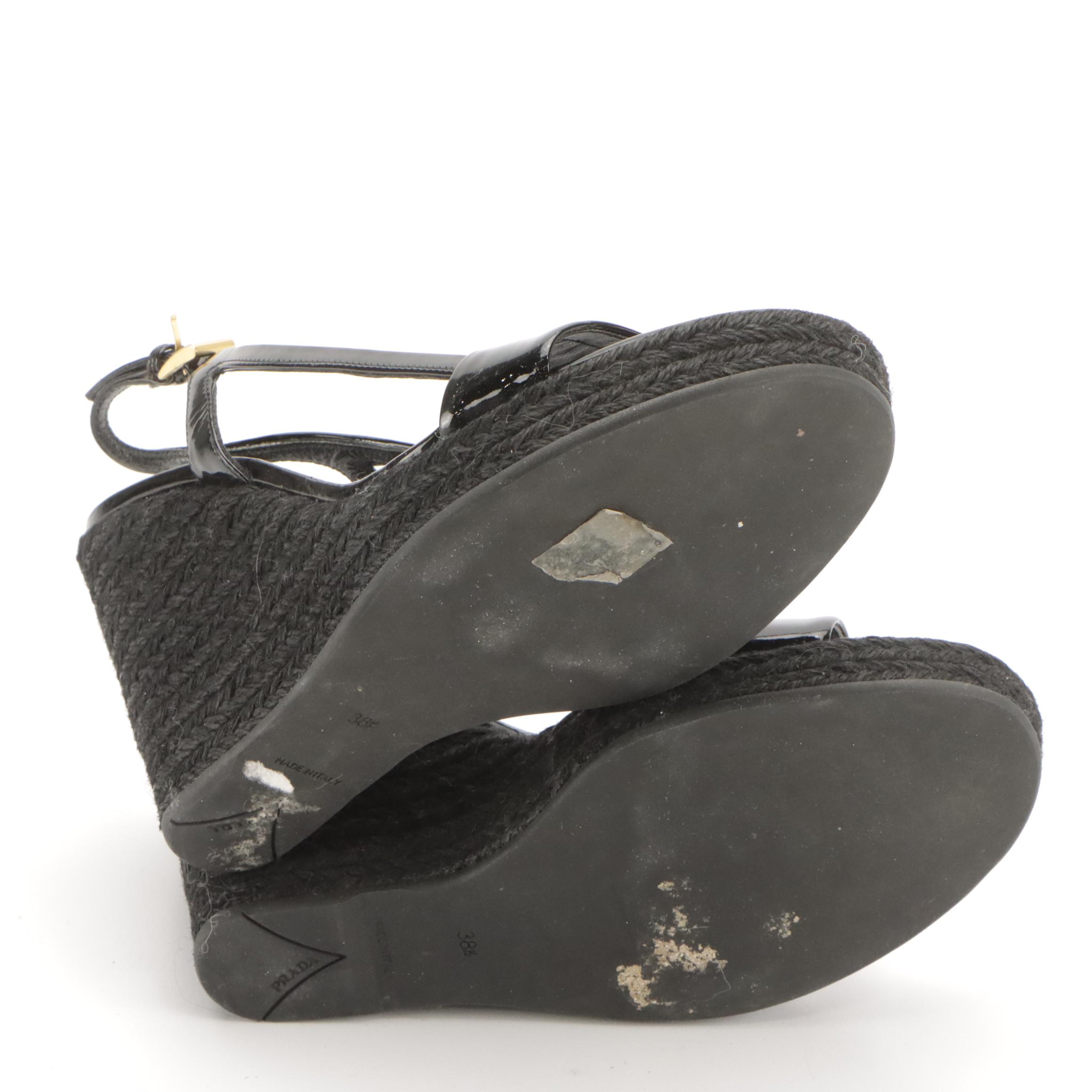 Prada Black Patent Leather Slingback Espadrille Wedges in Box