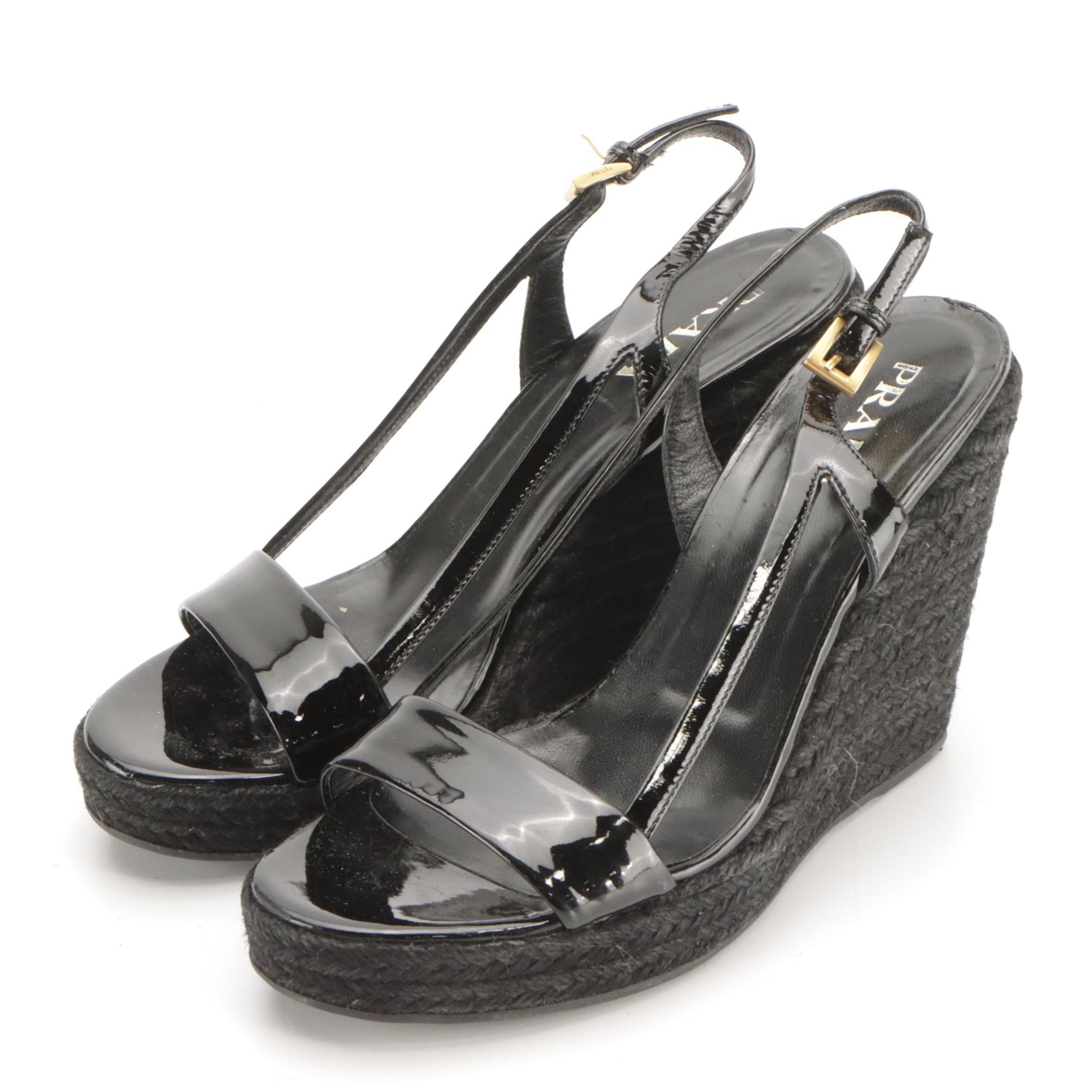 Prada Black Patent Leather Slingback Espadrille Wedges in Box