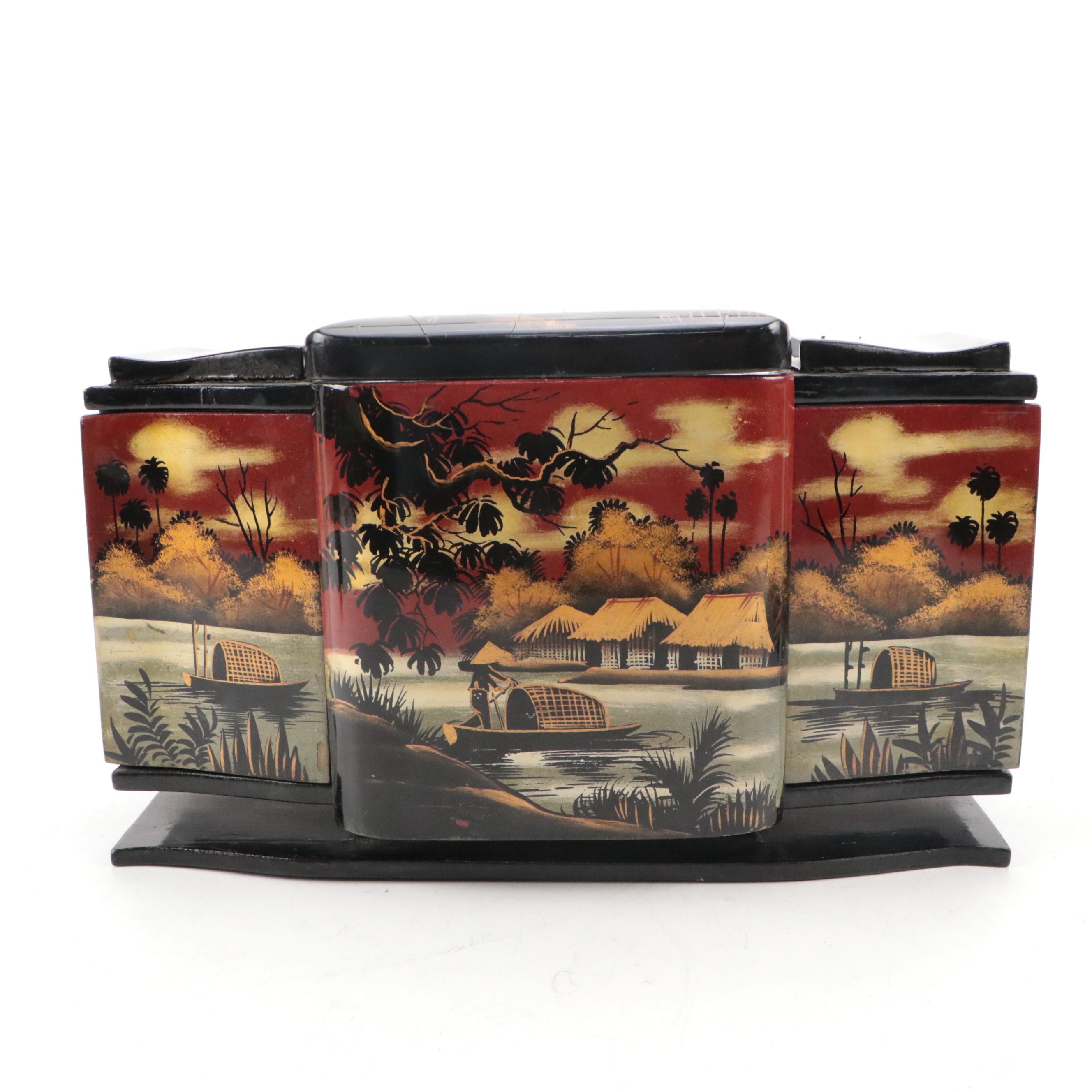 Chinese Jewelry Box and Japanese Hand-Painted Black Lacquerware Jewelry Box
