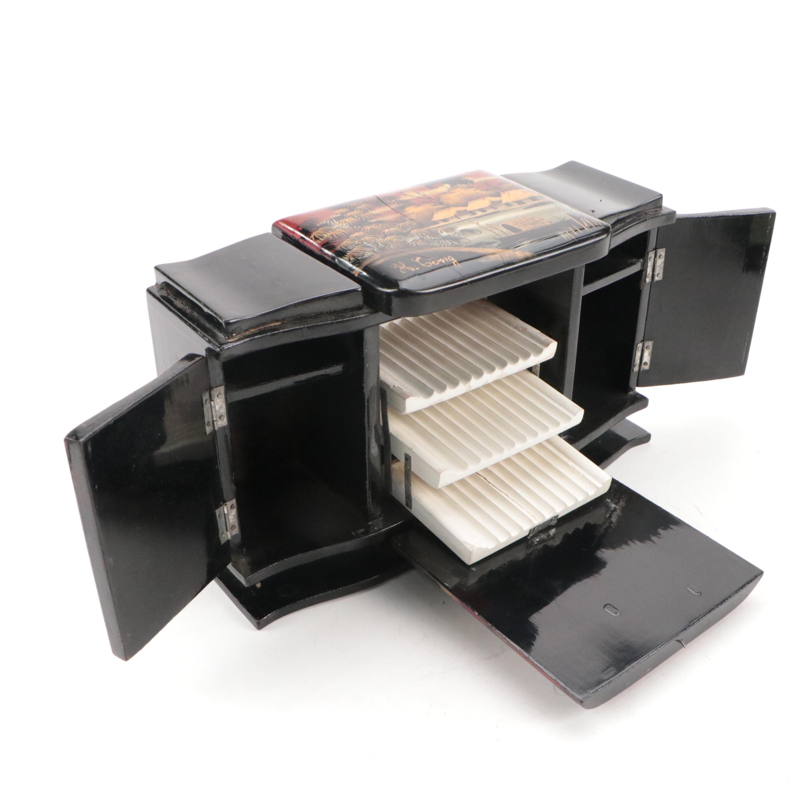 Chinese Jewelry Box and Japanese Hand-Painted Black Lacquerware Jewelry Box