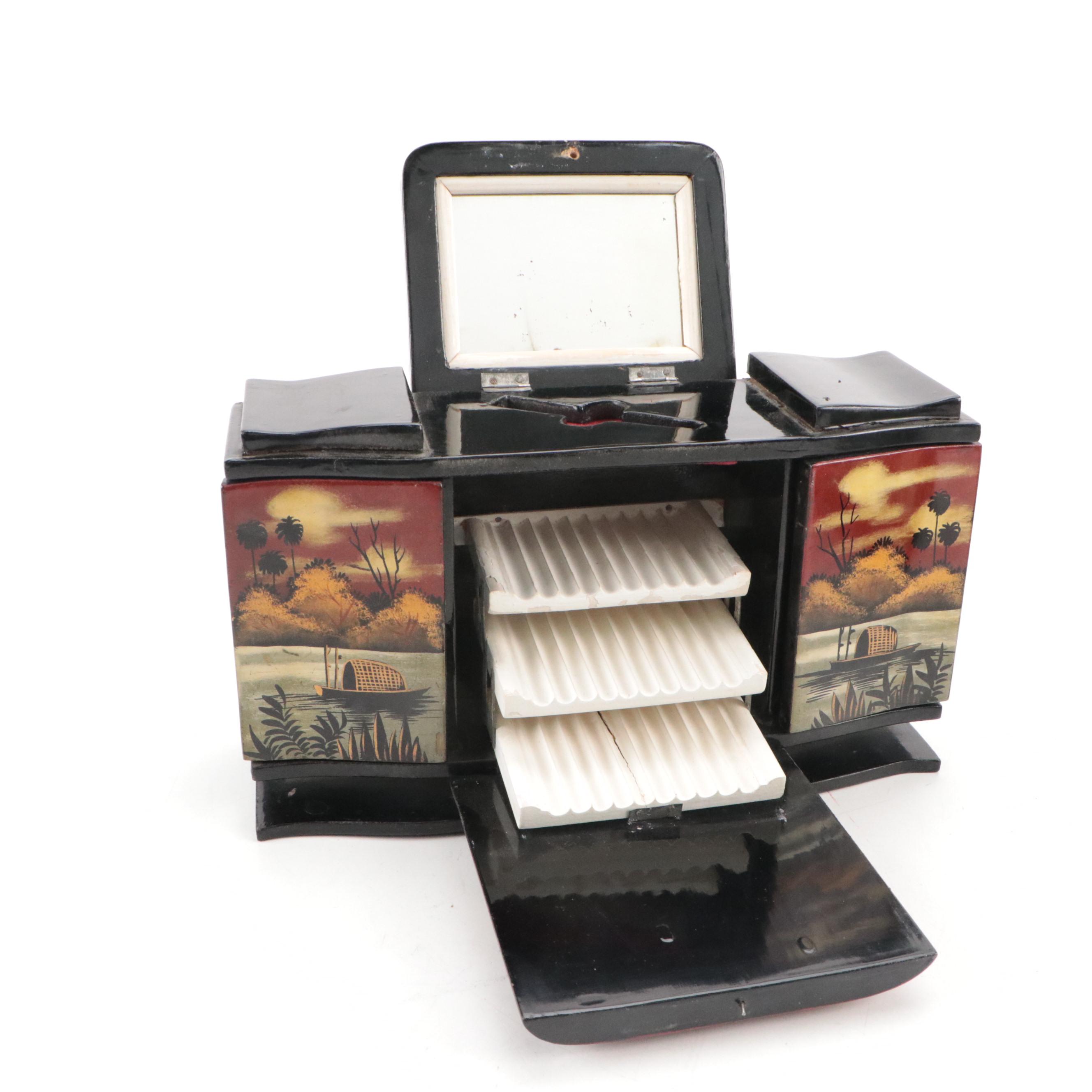 Chinese Jewelry Box and Japanese Hand-Painted Black Lacquerware Jewelry Box