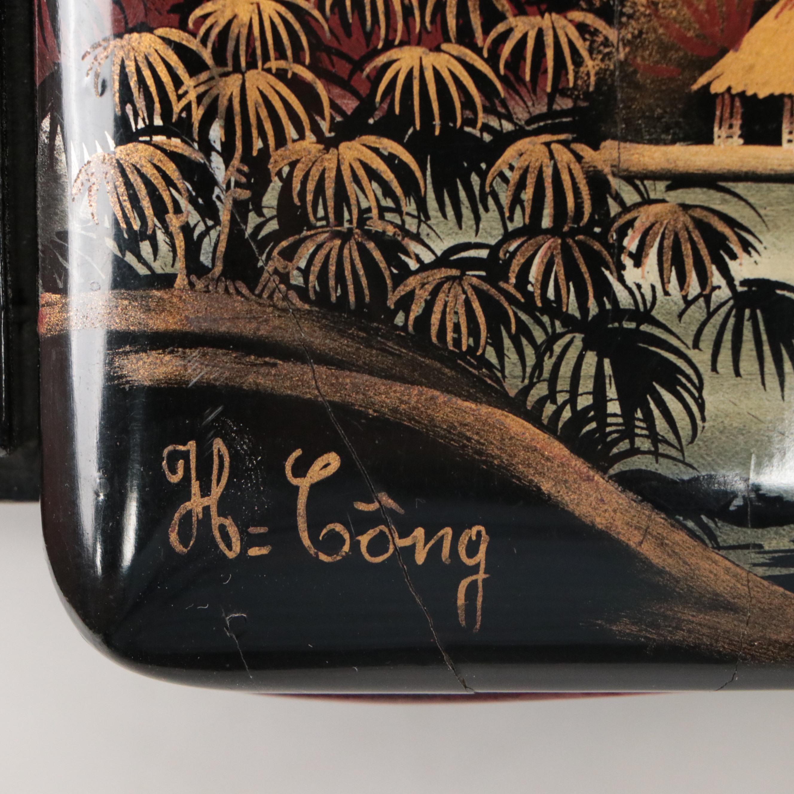 Chinese Jewelry Box and Japanese Hand-Painted Black Lacquerware Jewelry Box