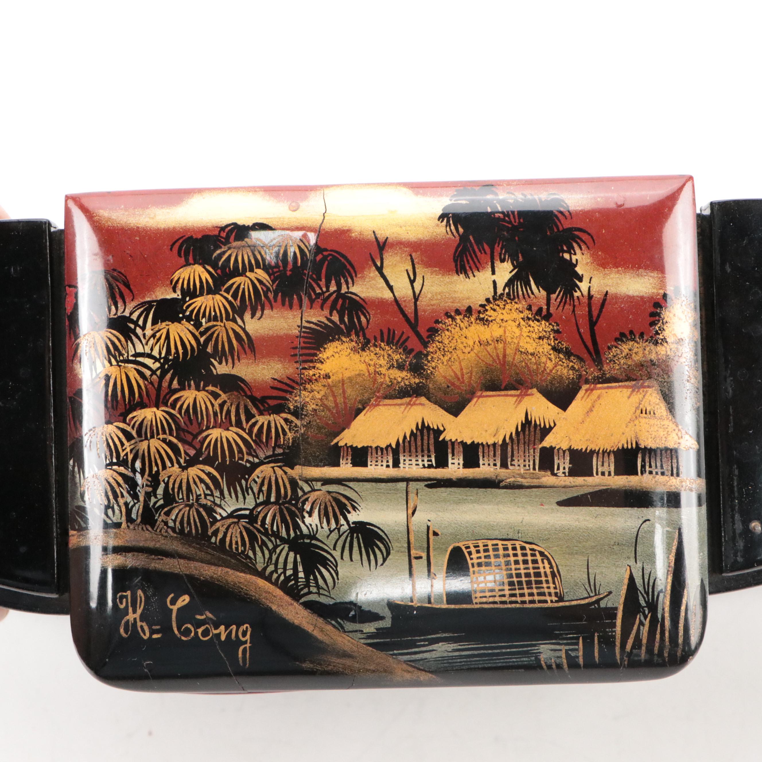 Chinese Jewelry Box and Japanese Hand-Painted Black Lacquerware Jewelry Box