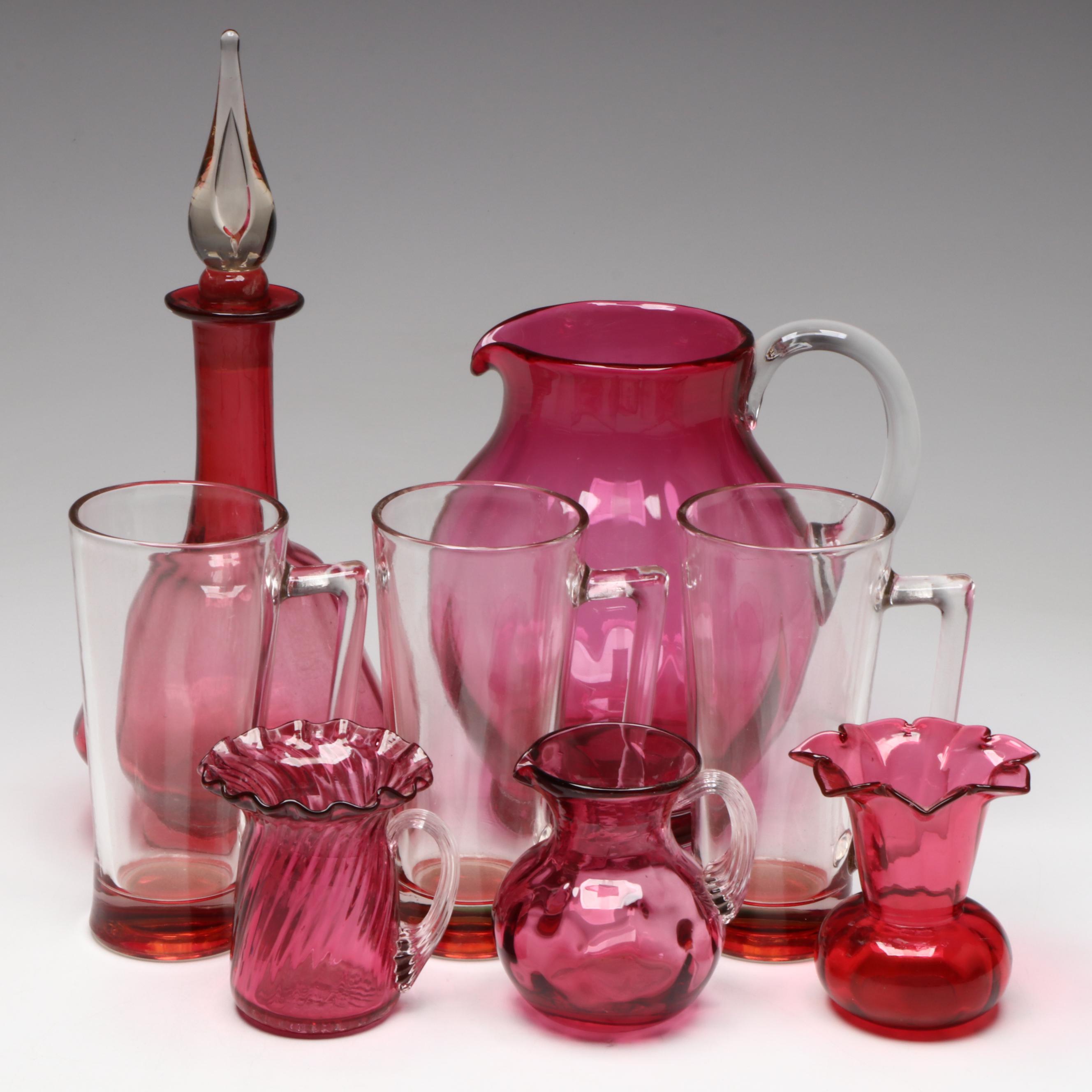 Pilgrim Thumbprint Cranberry Glass Miniature Pitcher with More