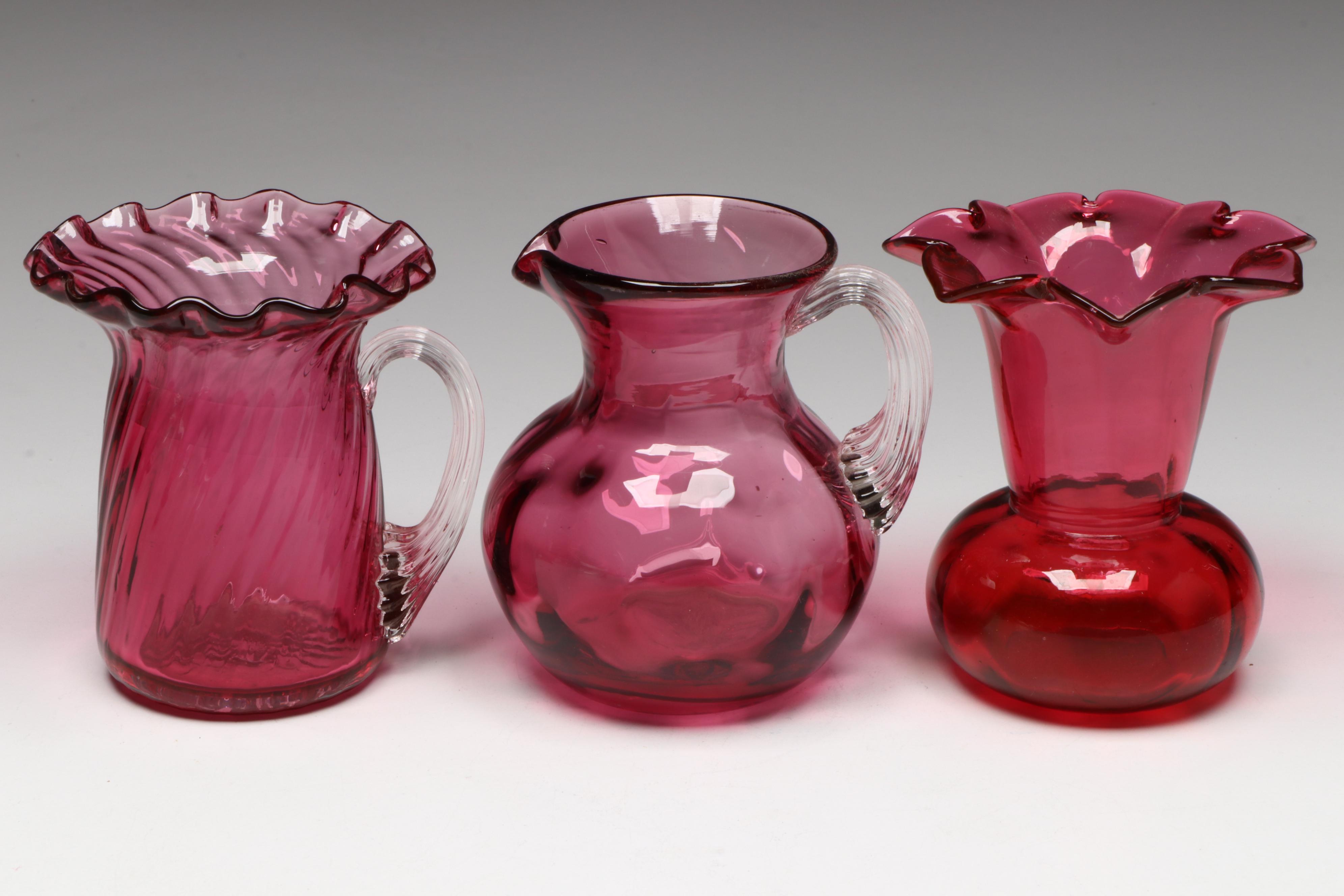 Pilgrim Thumbprint Cranberry Glass Miniature Pitcher with More