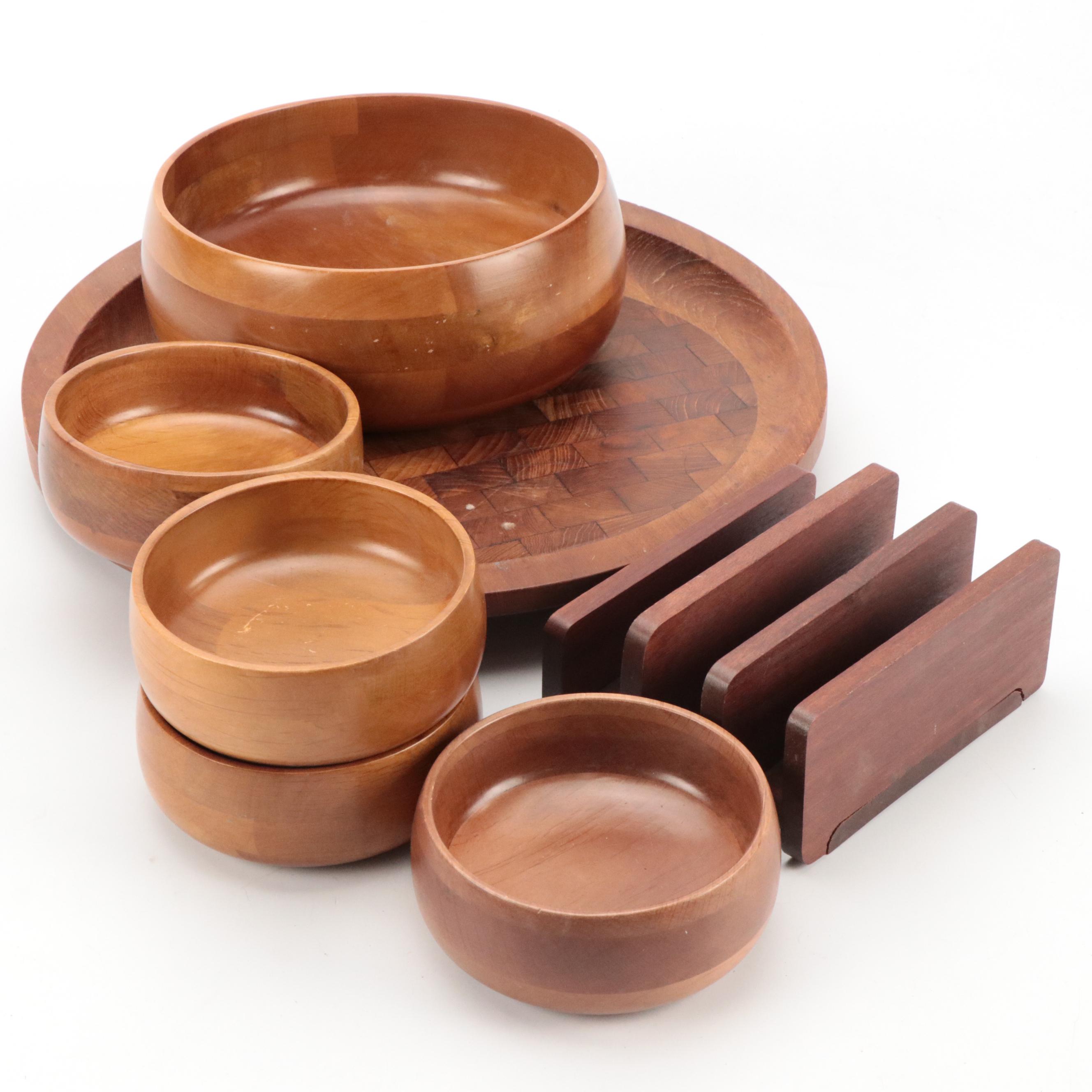 Mid Century Modern Milberu Teak Bowls, Dansk Wood Platter, Mahogany Letter Stand