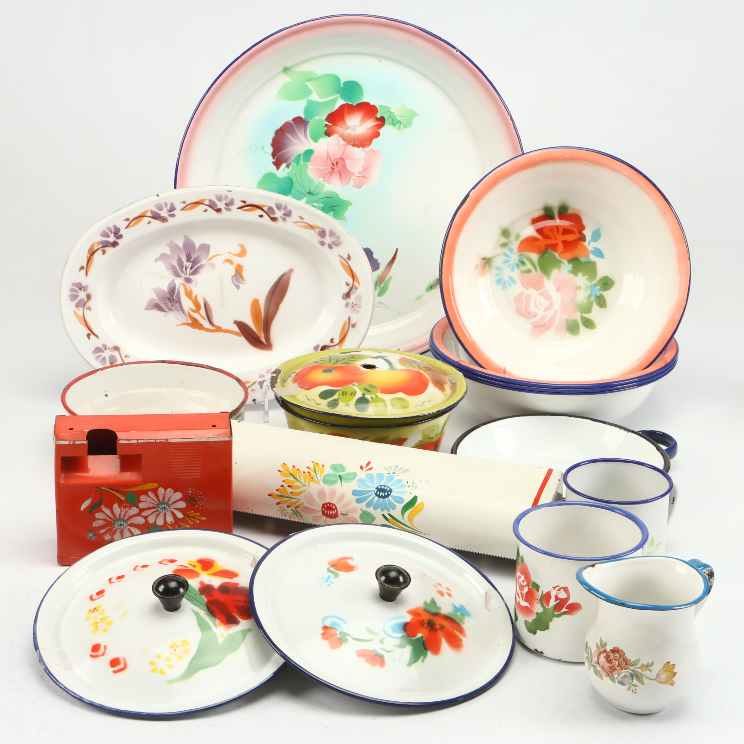 Peacock Floral Motif Enameled Metal Platter and Mugs with More