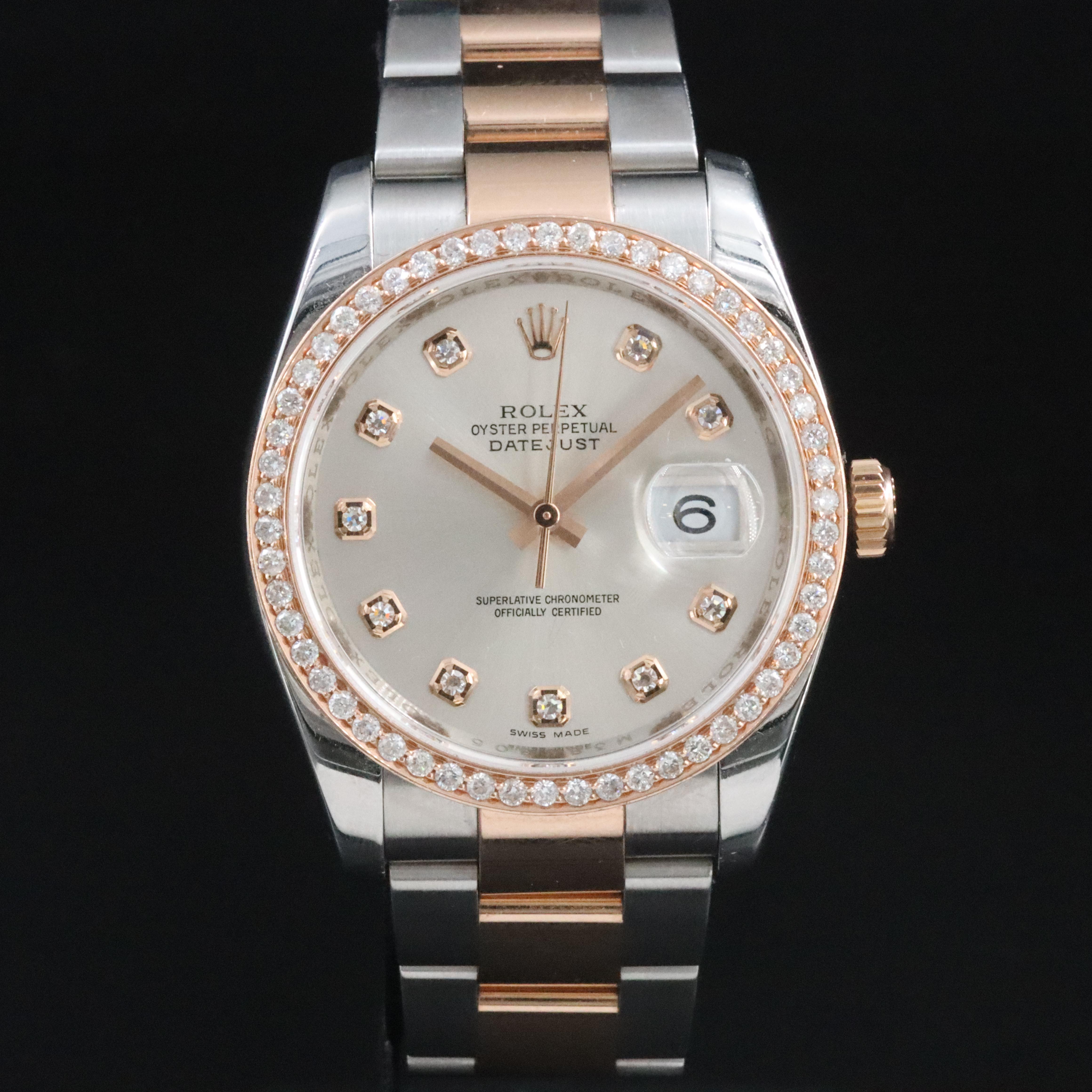 2007 Rolex 18K Everose/Steelinox Datejust w/ Factory Diamond Dial, Custom Bezel
