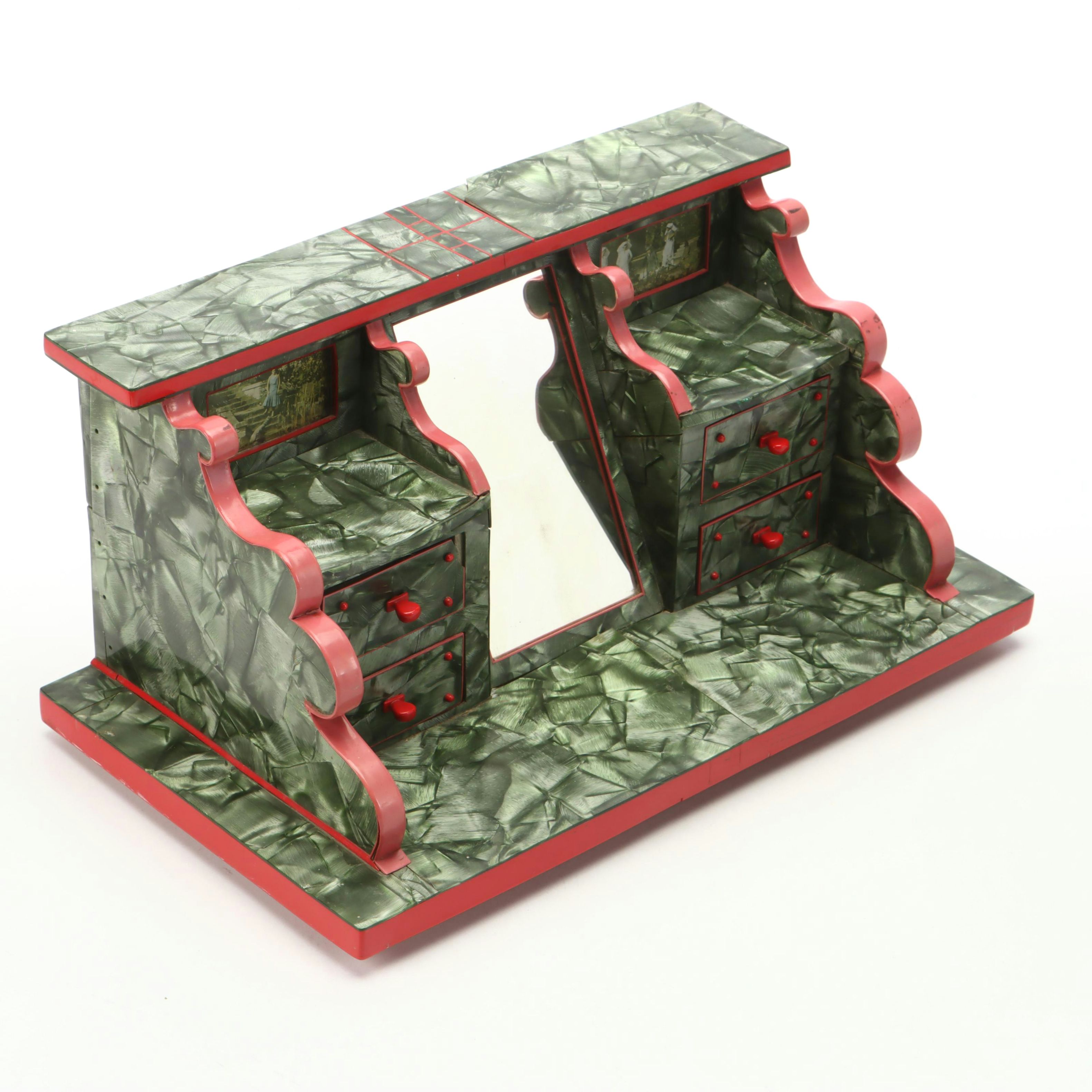 Art Deco Handcrafted Red and Green Bakelite Over Wood Jewelry Box