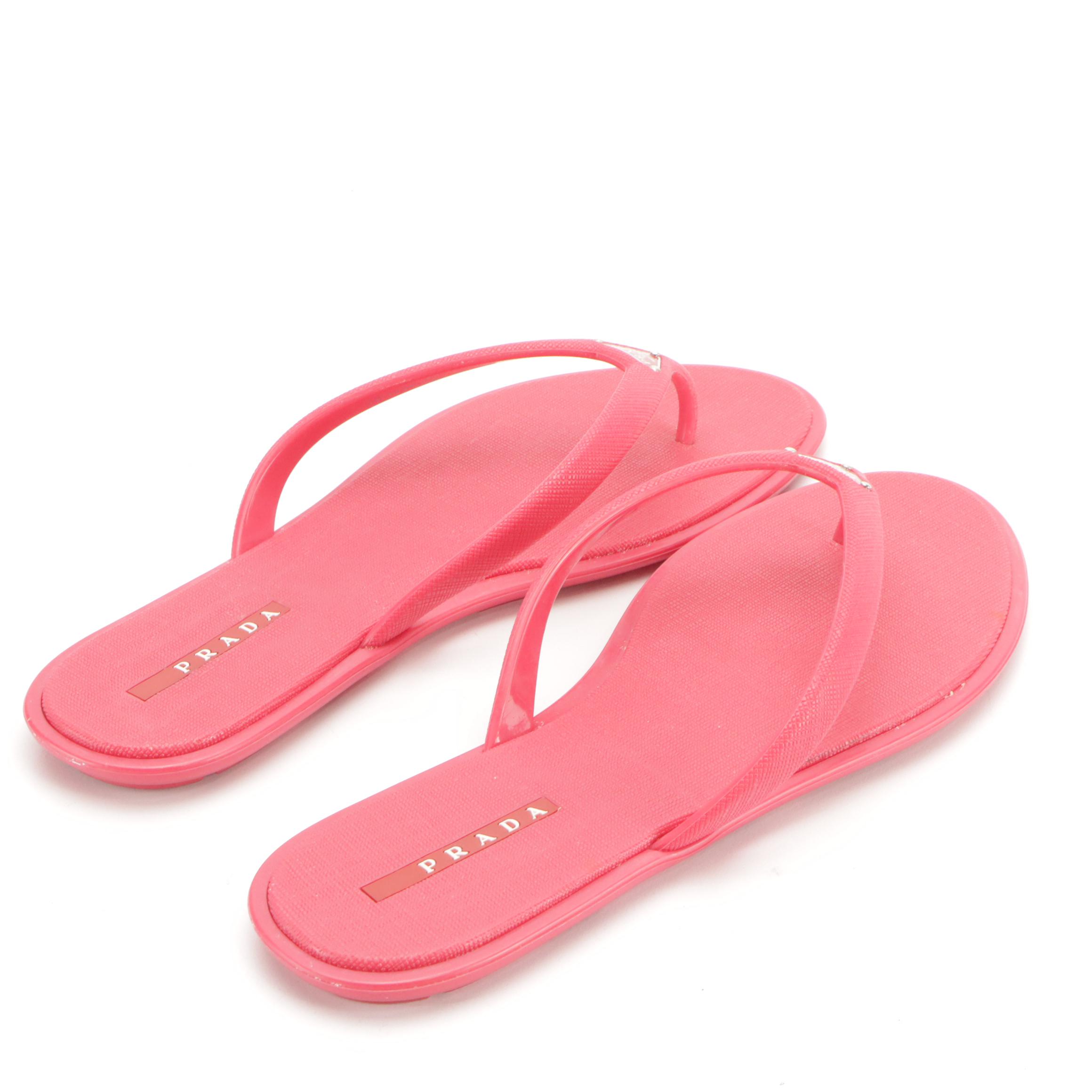 Prada Sport Watermelon Pink Textured Rubber Flip-Flops with Nylon Zip Case