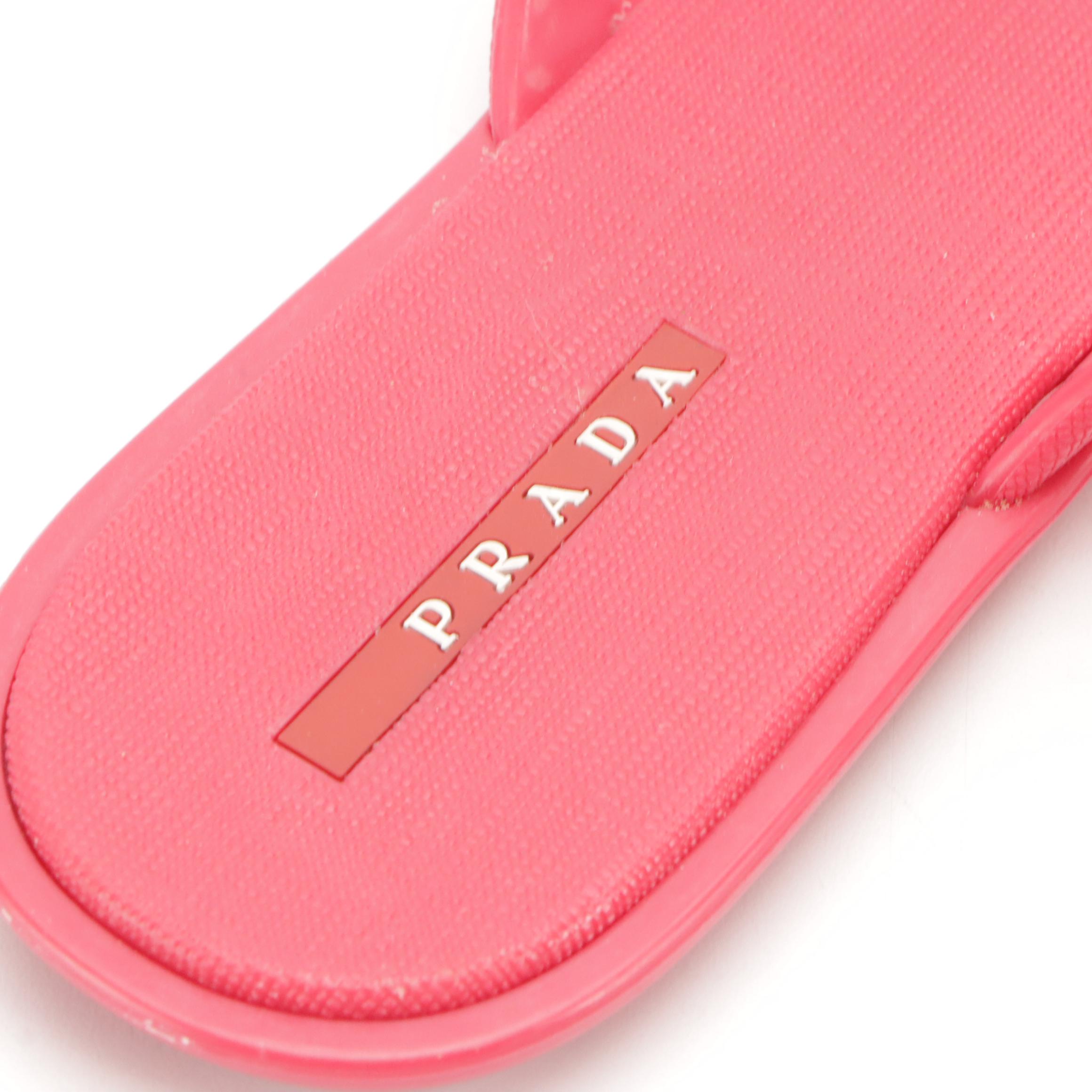 Prada Sport Watermelon Pink Textured Rubber Flip-Flops with Nylon Zip Case