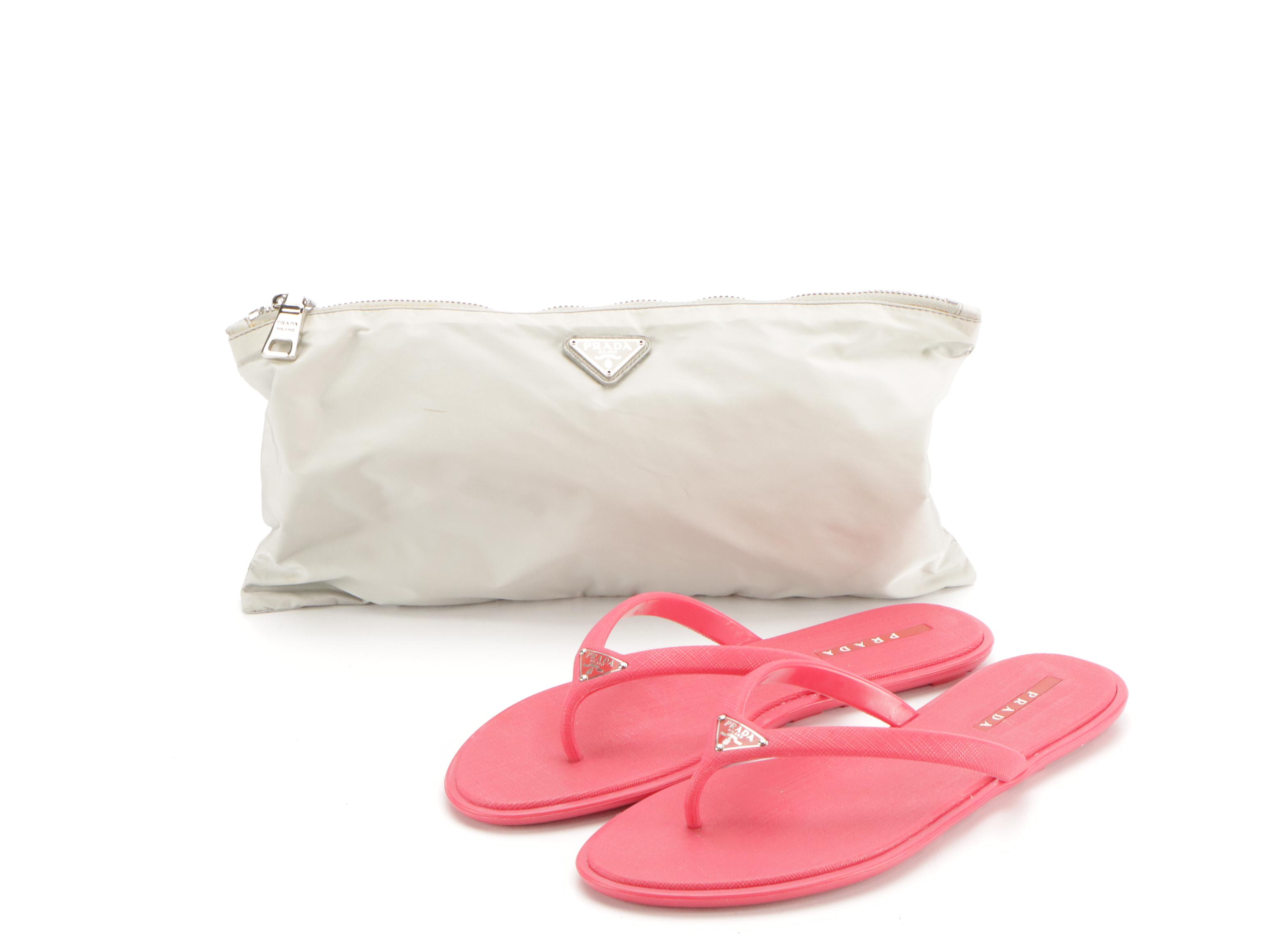 Prada Sport Watermelon Pink Textured Rubber Flip-Flops with Nylon Zip Case