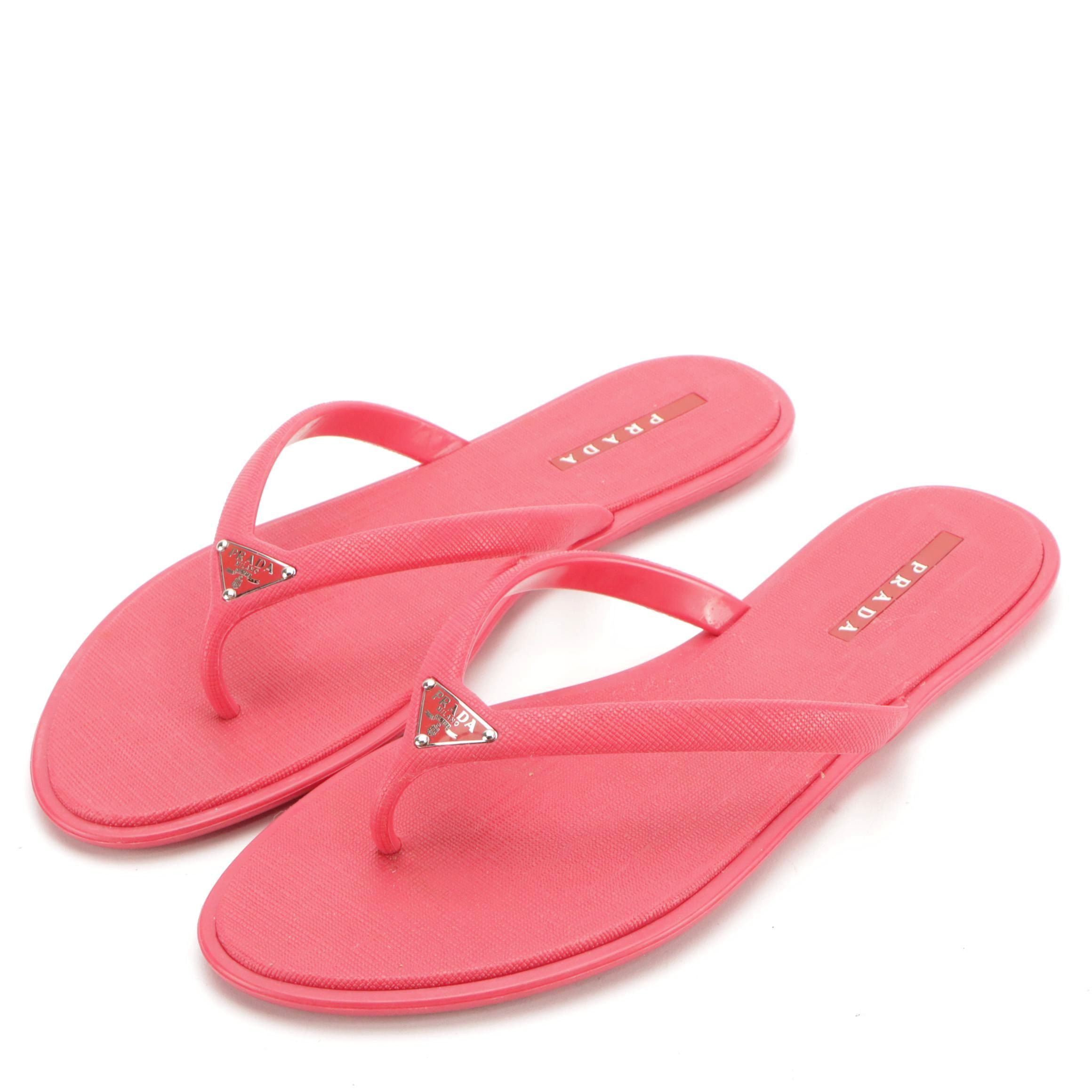 Prada Sport Watermelon Pink Textured Rubber Flip-Flops with Nylon Zip Case