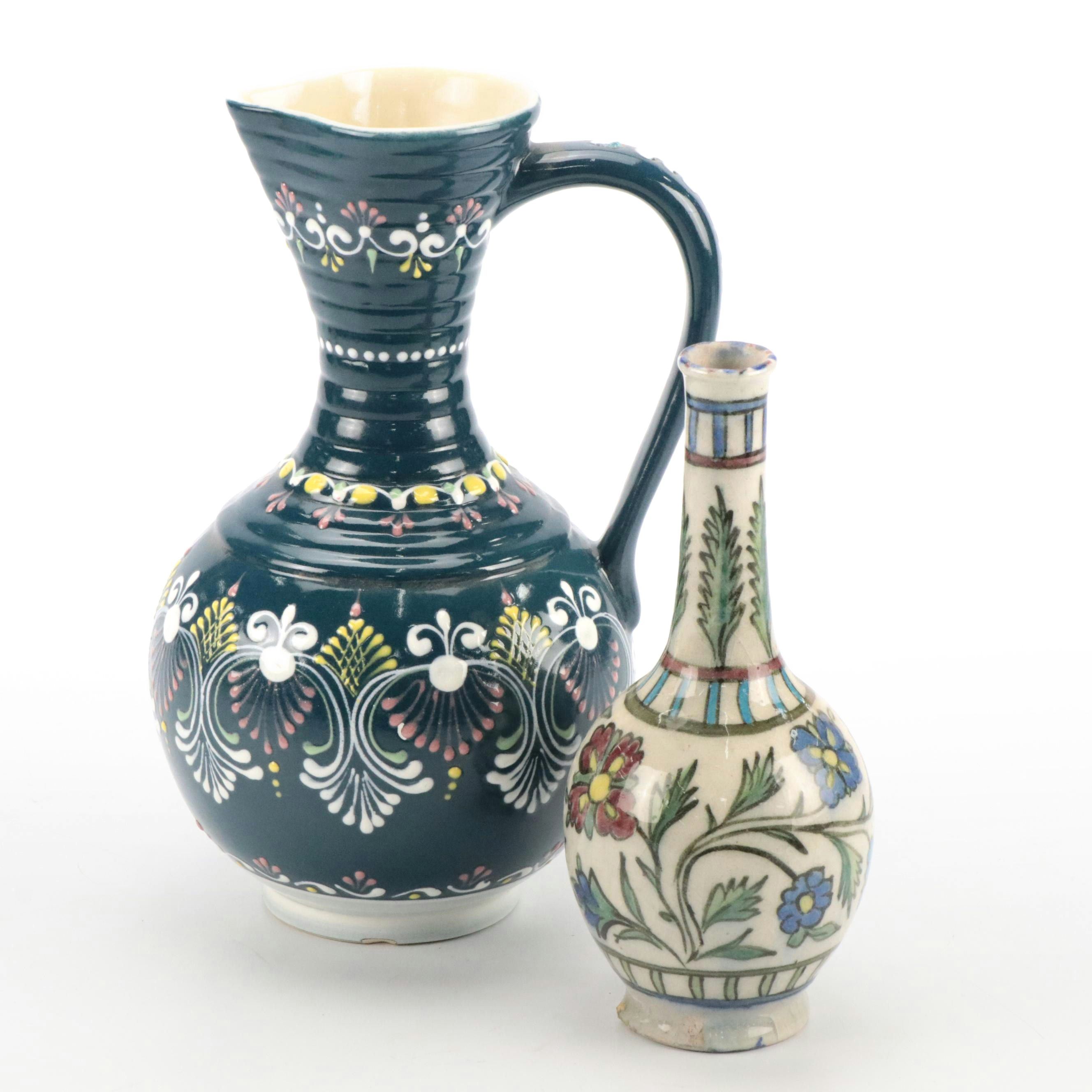 Gmundner Keramik Hand-Painted Ceramic Pitcher with Other Vase