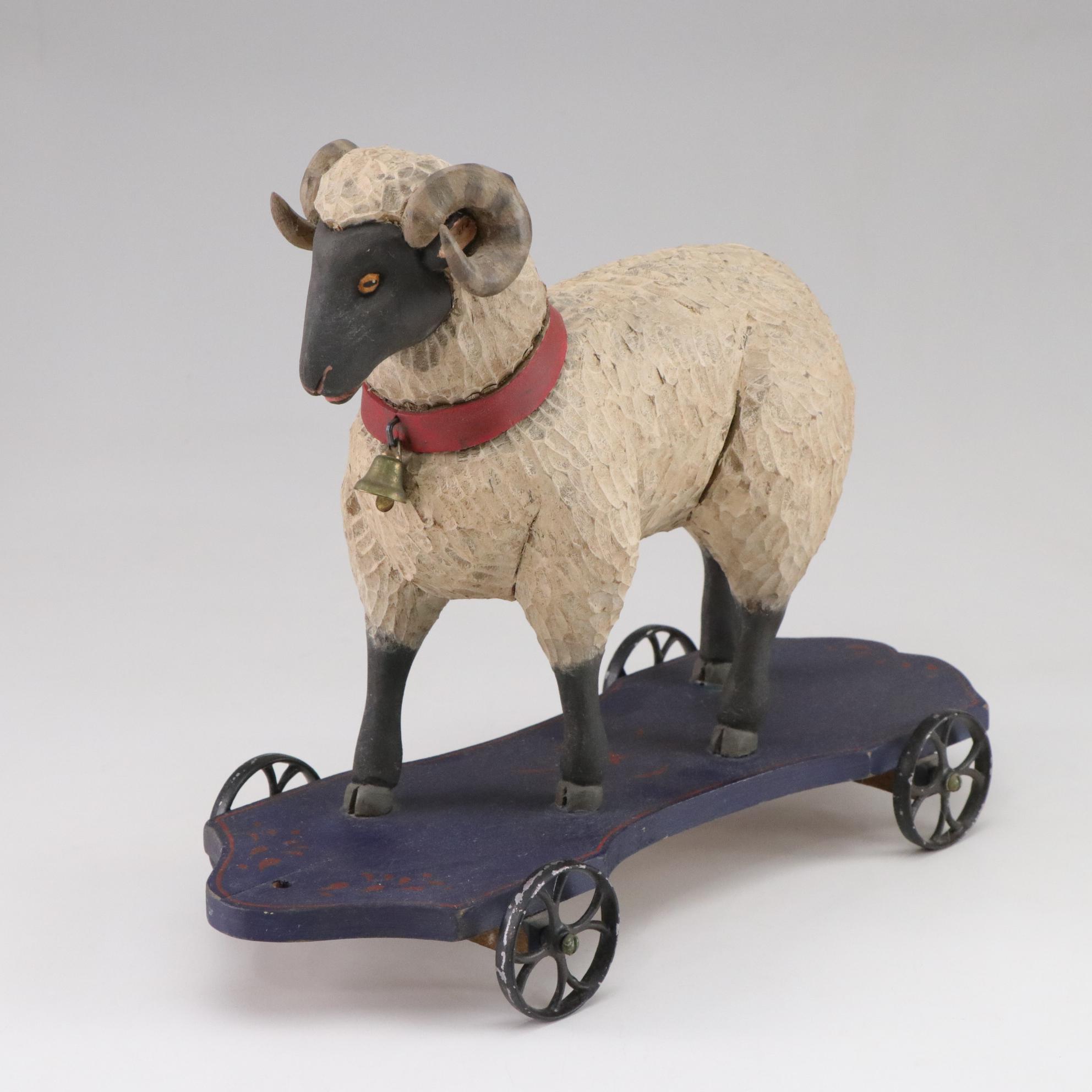 Hand Carved Wooden Folk Art Sheep Pull Toy, 1980s