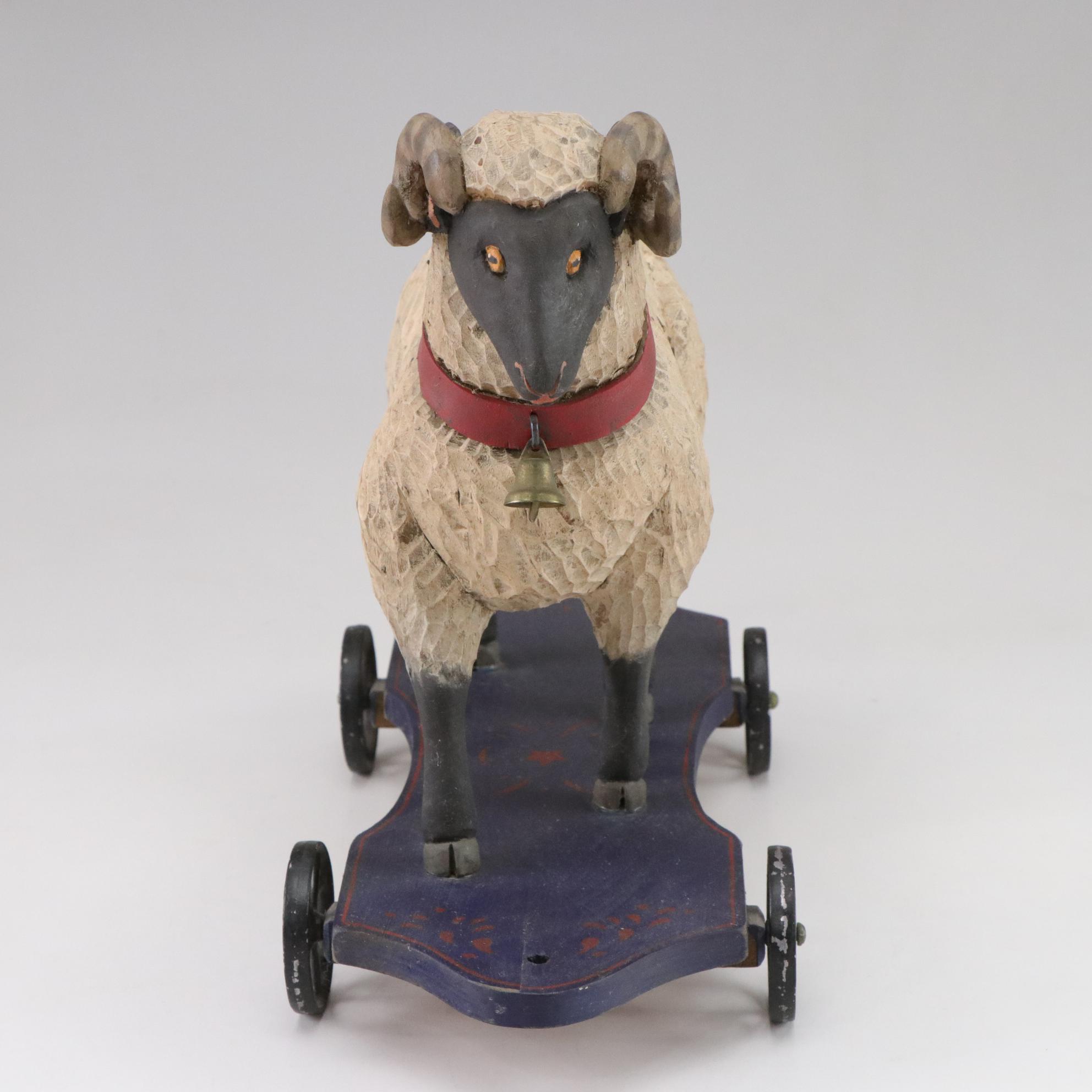Hand Carved Wooden Folk Art Sheep Pull Toy, 1980s